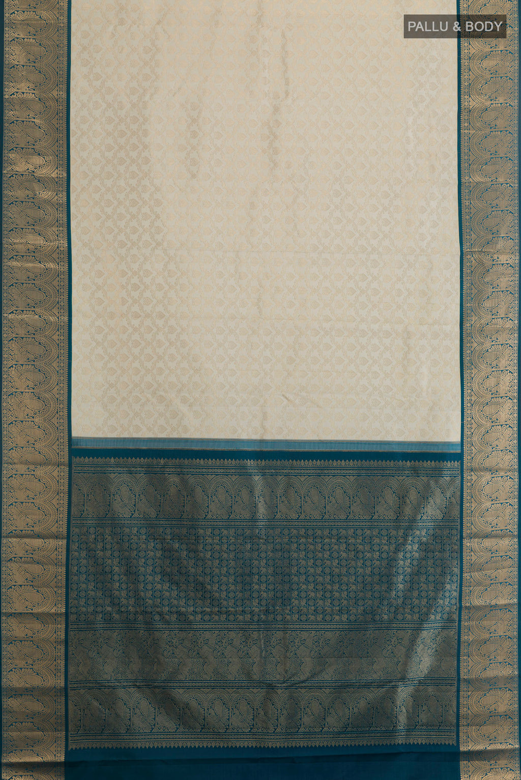 Flat view of Pure Silk Off White Kanjivaram Saree with Zari Brocade on the body and Zari Border. 