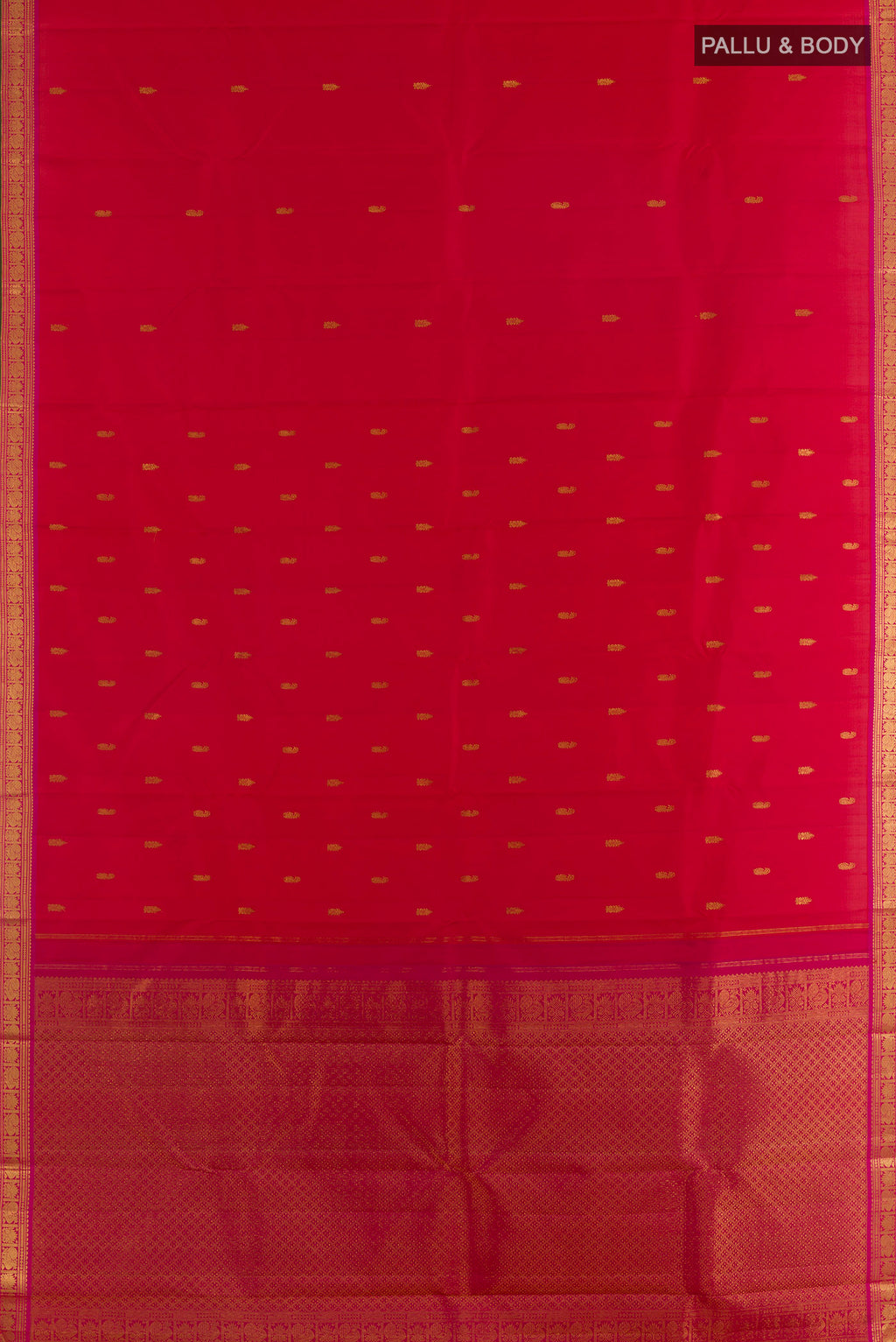 Flat view of Pure Silk Red Kanchipuram Saree with Zari Butta on the body and Zari Border. 