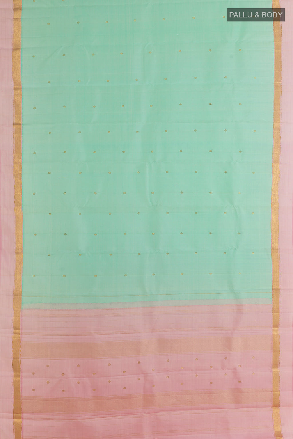 Flat view of Pure Silk Mint Green Kanchipuram Saree with Zari Butta on the body and Zari Border. 