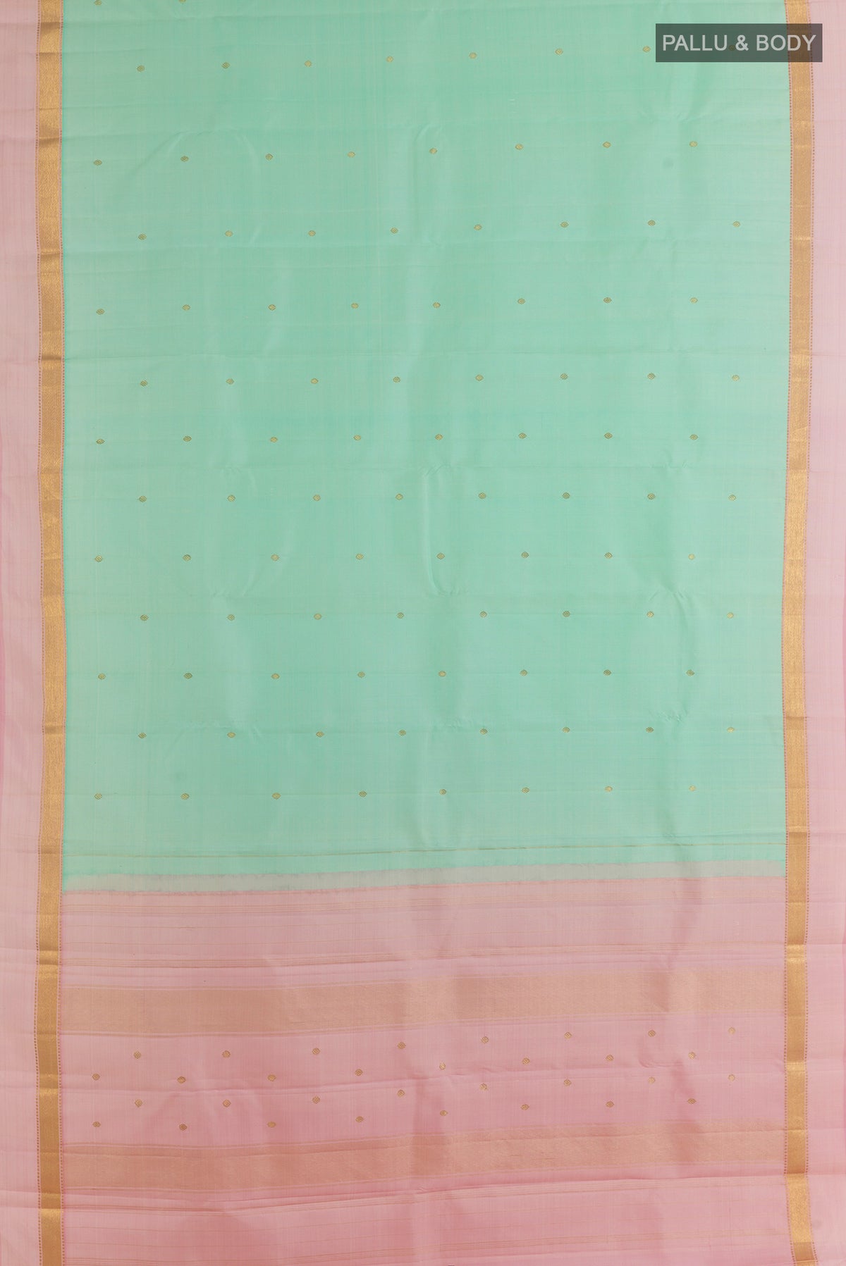 Flat view of Pure Silk Mint Green Kanchipuram Saree with Zari Butta on the body and Zari Border. 
