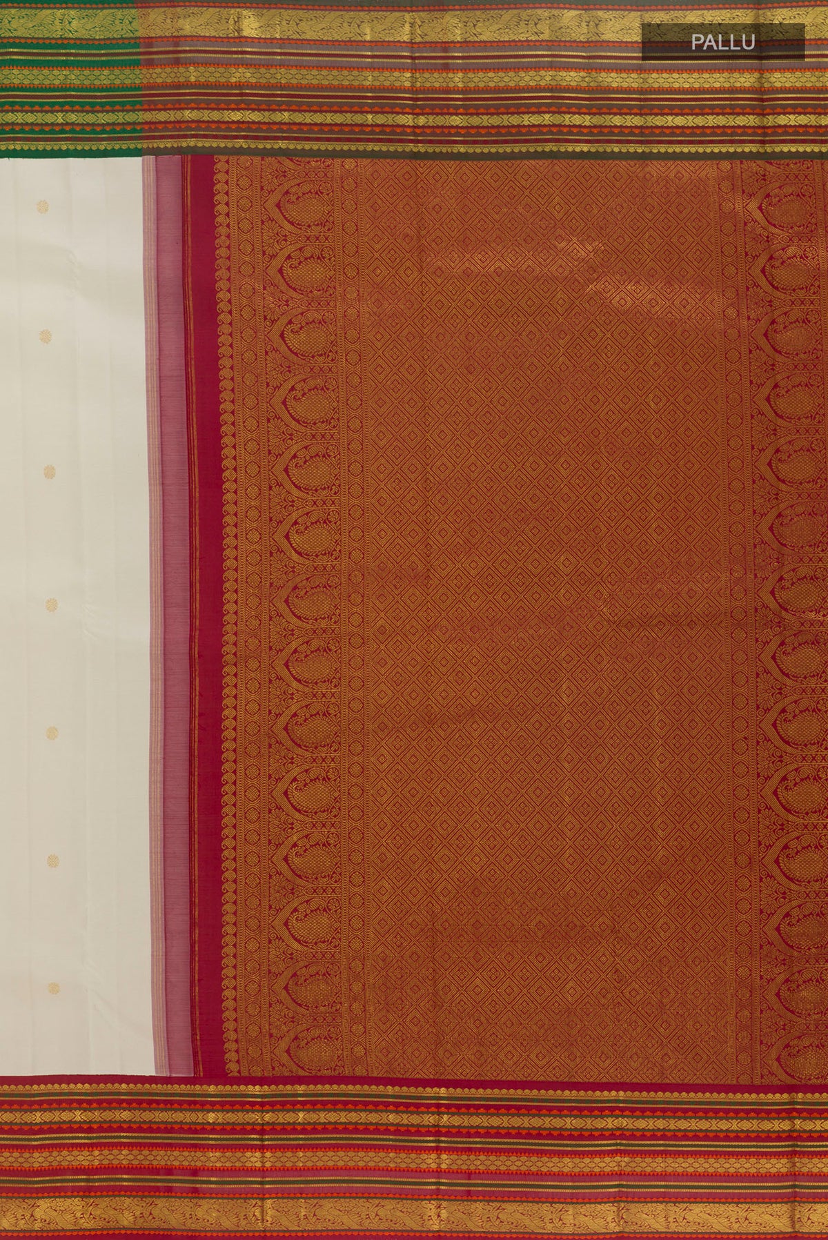 Close up image of the pallu of Pure Silk Off White Kanjivaram Saree with Zari Butta on the body and Ganga Jamuna Border. 