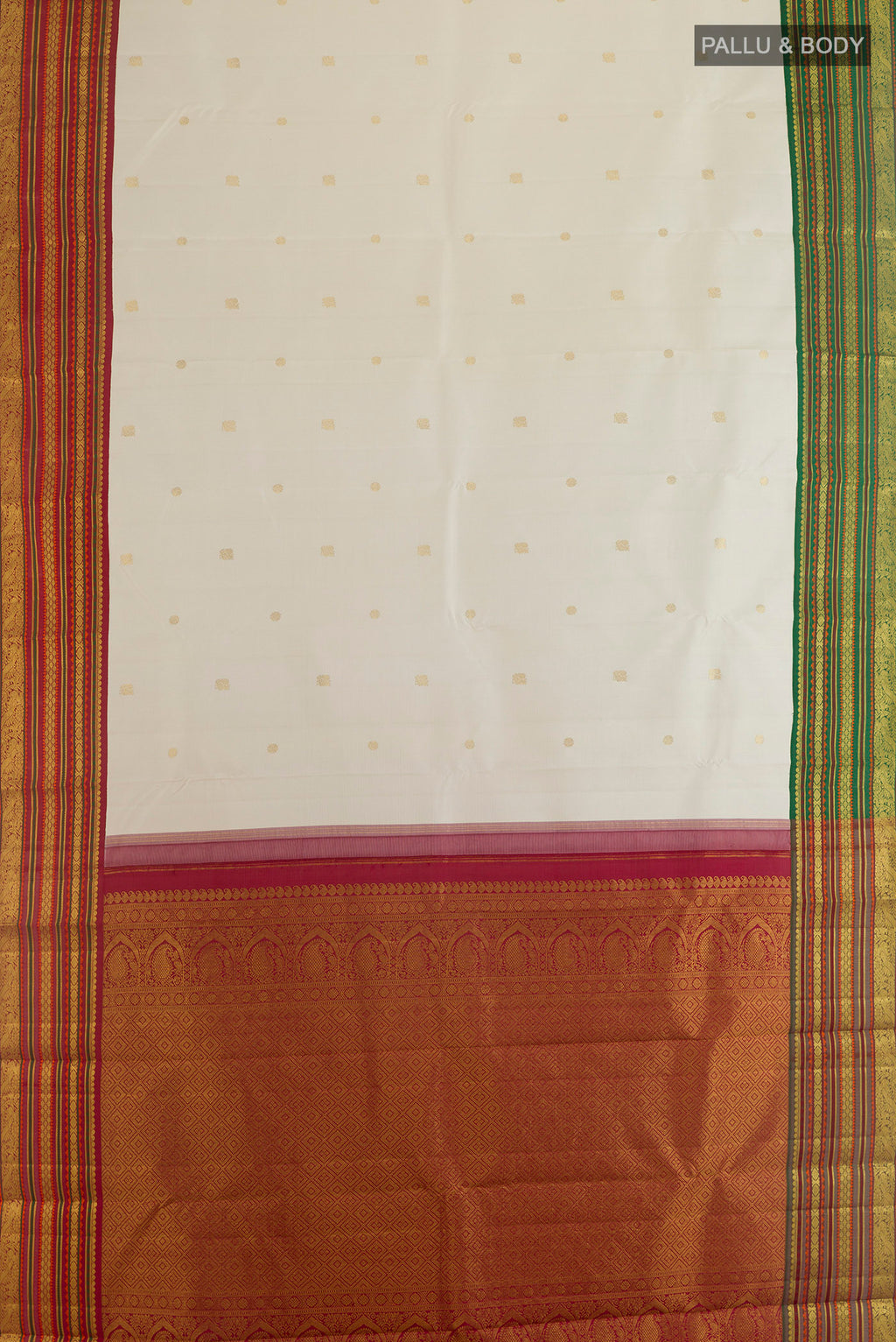 Flat view of Pure Silk Off White Kanjivaram Saree with Zari Butta on the body and Ganga Jamuna Border. 