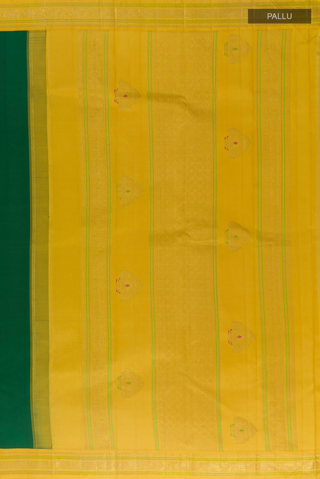 Close up image of the pallu of Pure Silk Green Kanjivaram Saree with Zari Butta on the body and Zari Border. 