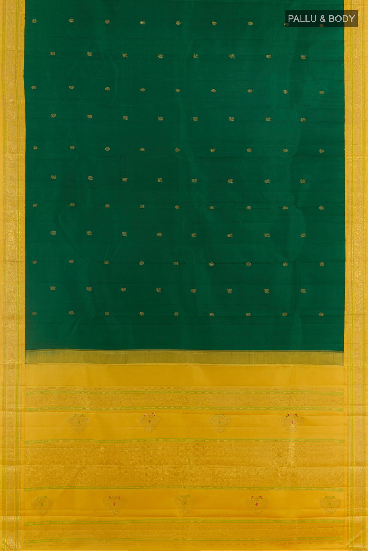 Flat view of Pure Silk Green Kanjivaram Saree with Zari Butta on the body and Zari Border. 
