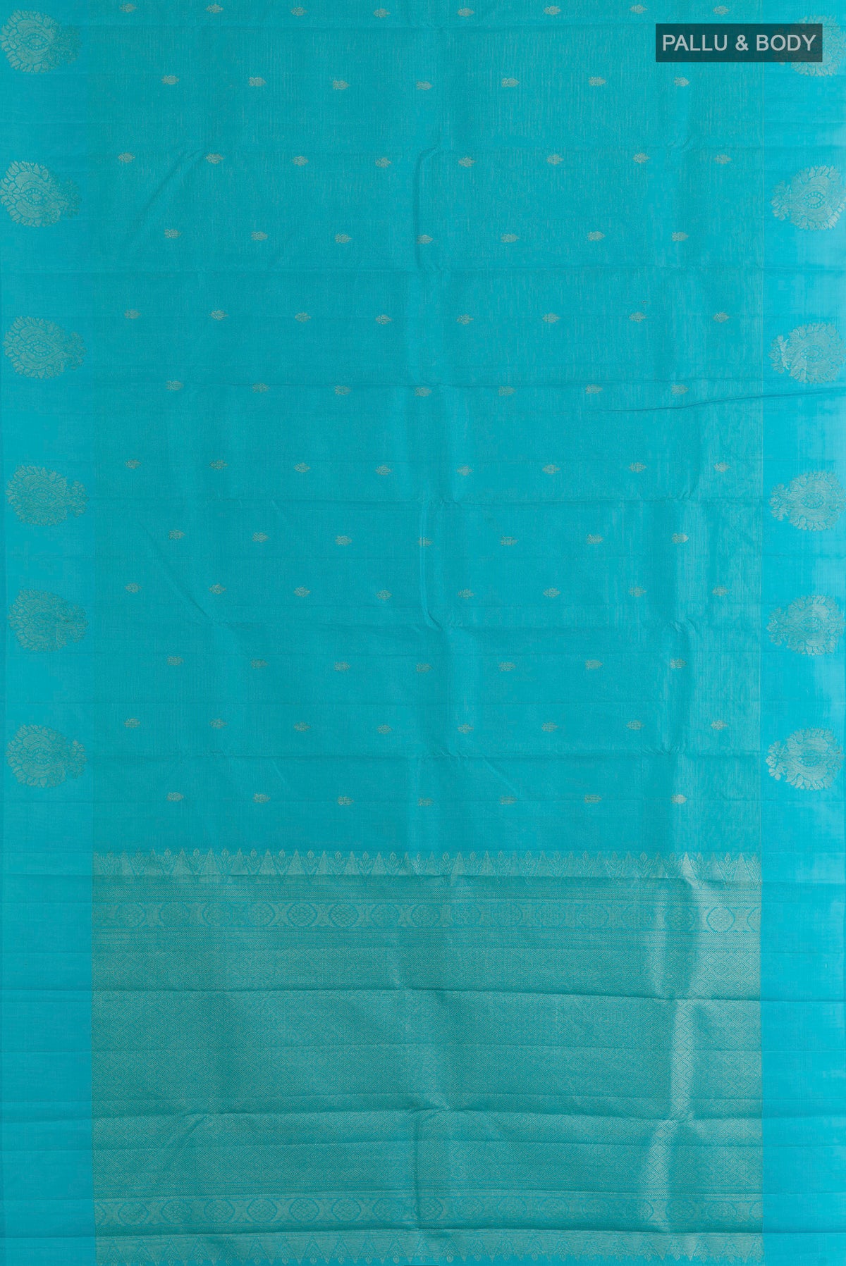 Flat view of Pure Silk Blue Kanchipuram Saree with Zari Butta on the body and Zari Border. 