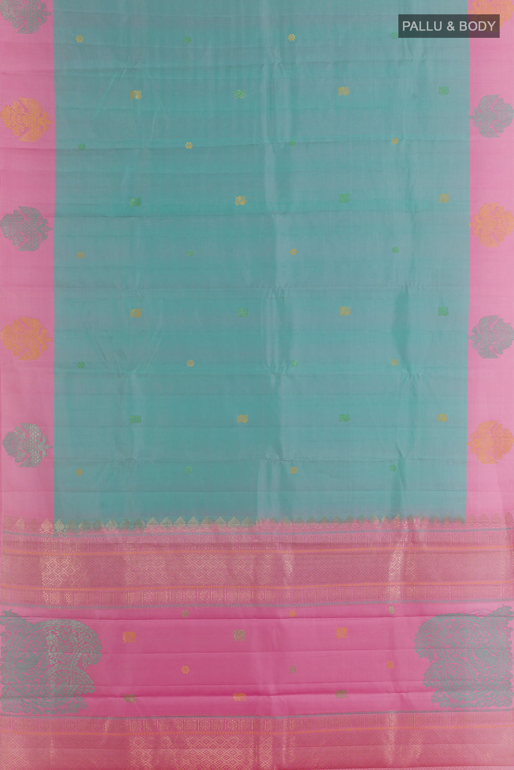Flat view of Pure Silk Sea Green Kanchipuram Saree with Zari Butta on the body and Fancy Border. 