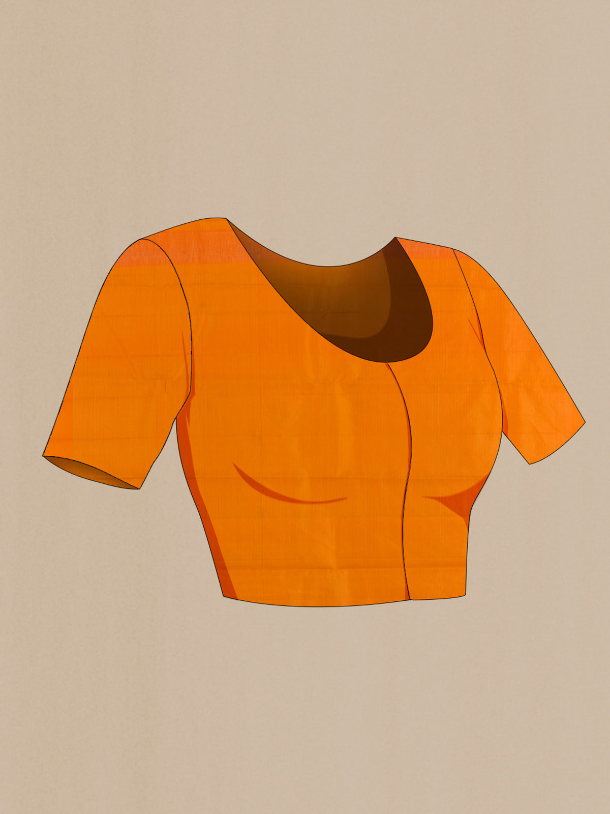 Close up image of the blouse of Pure Silk Orange Kanchipuram Saree with Zari Butta on the body and Zari Border. 