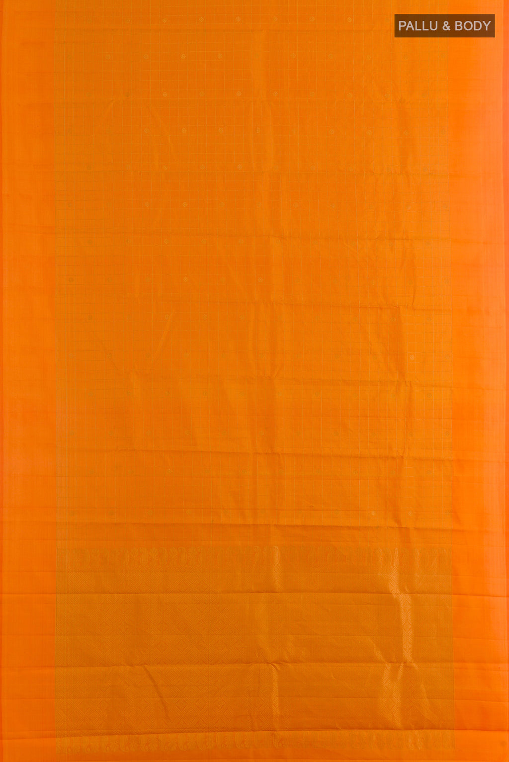 Flat view of Pure Silk Orange Kanchipuram Saree with Zari Butta on the body and Zari Border. 