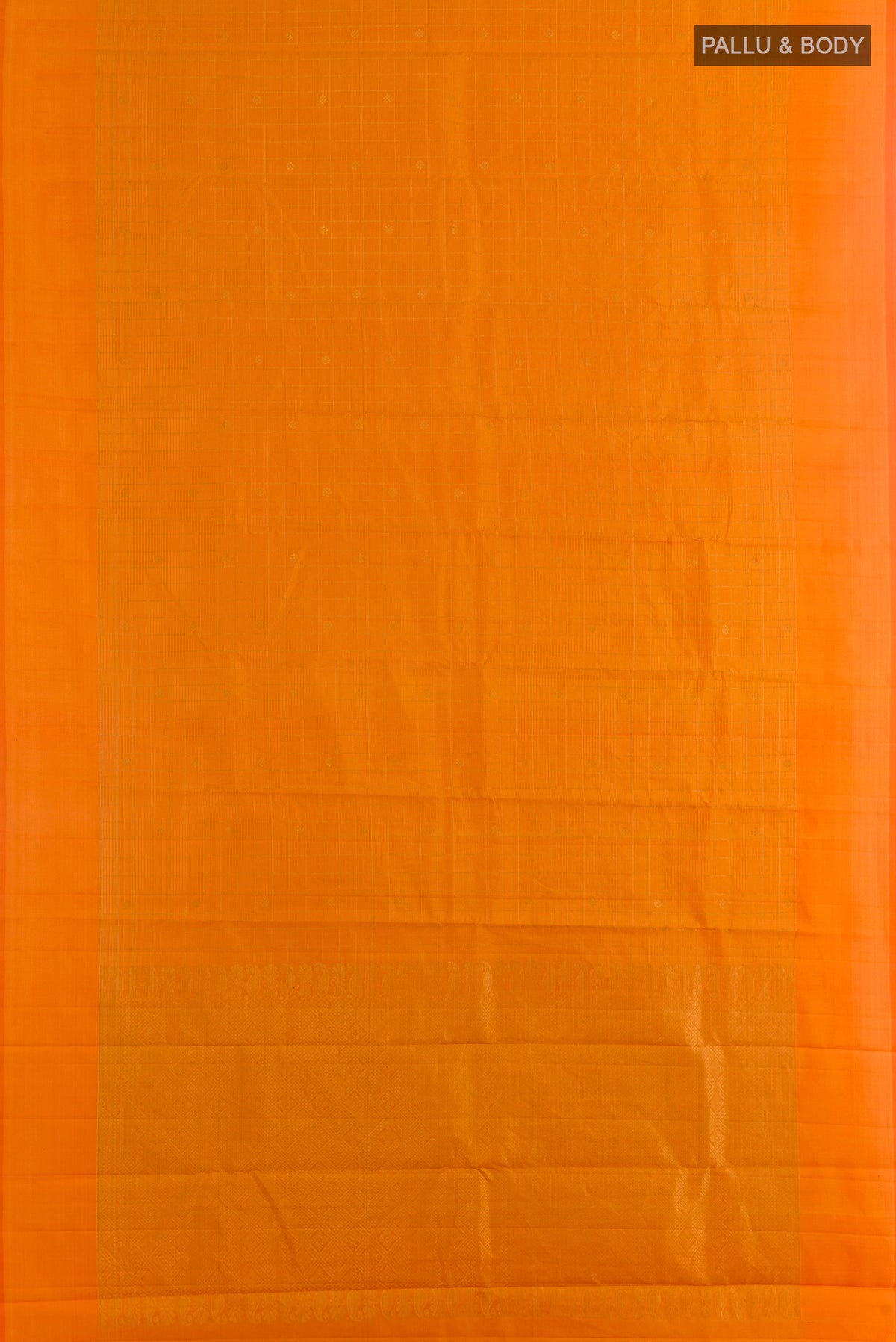 Flat view of Pure Silk Orange Kanchipuram Saree with Zari Butta on the body and Zari Border. 