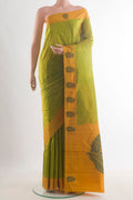 Pure Silk Green Kanjivaram Saree with Plain Body and Thread Border.  displayed on a mannequin
