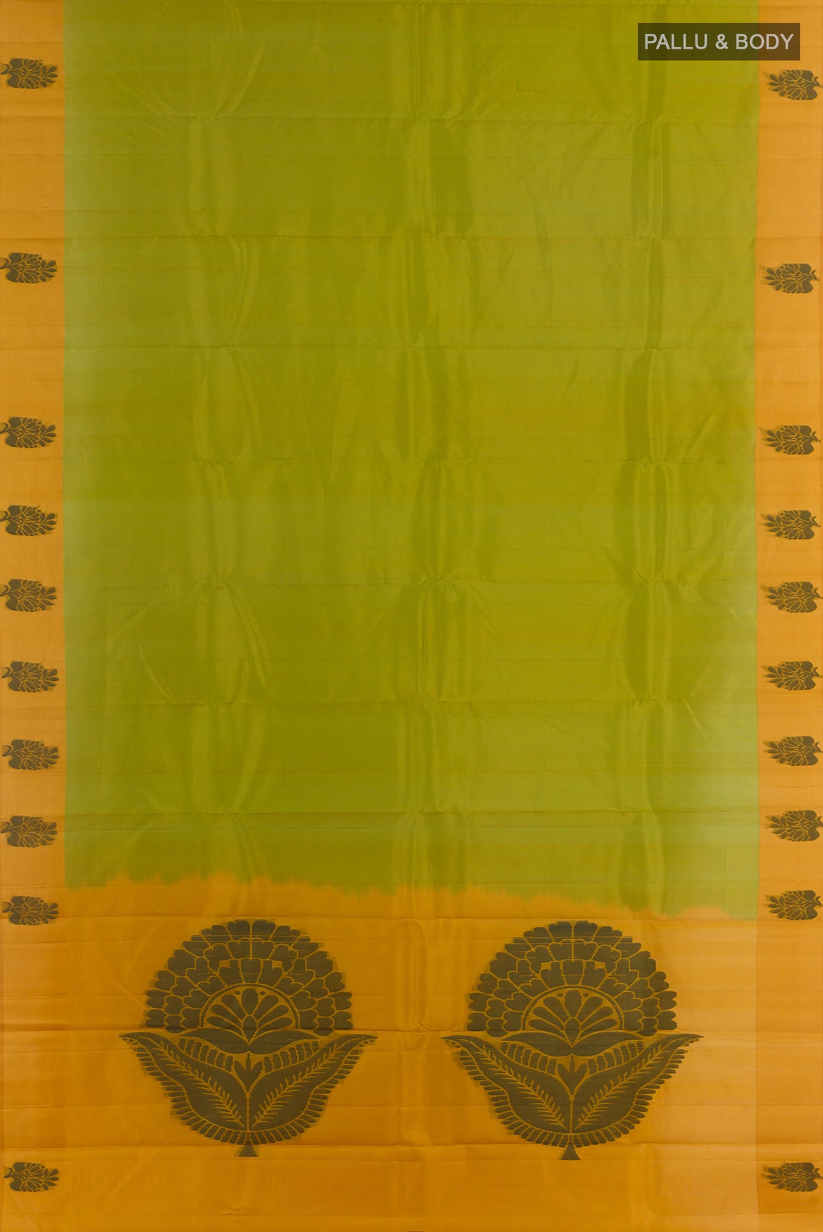 Flat view of Pure Silk Green Kanjivaram Saree with Plain Body and Thread Border. 