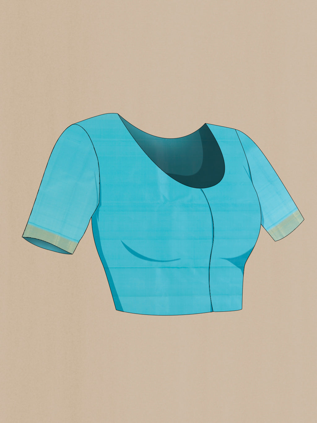 Close up image of the blouse of Pure Silk Blue Kanchipuram Saree with Zari Butta on the body and Zari Border. 