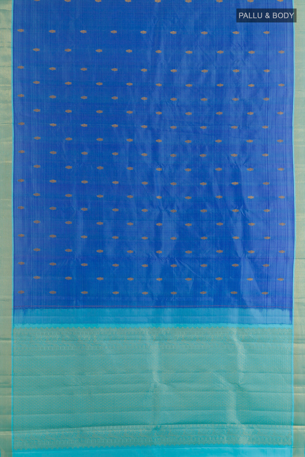 Flat view of Pure Silk Blue Kanchipuram Saree with Zari Butta on the body and Zari Border. 