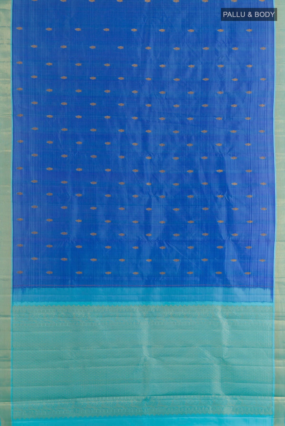 Flat view of Pure Silk Blue Kanchipuram Saree with Zari Butta on the body and Zari Border. 