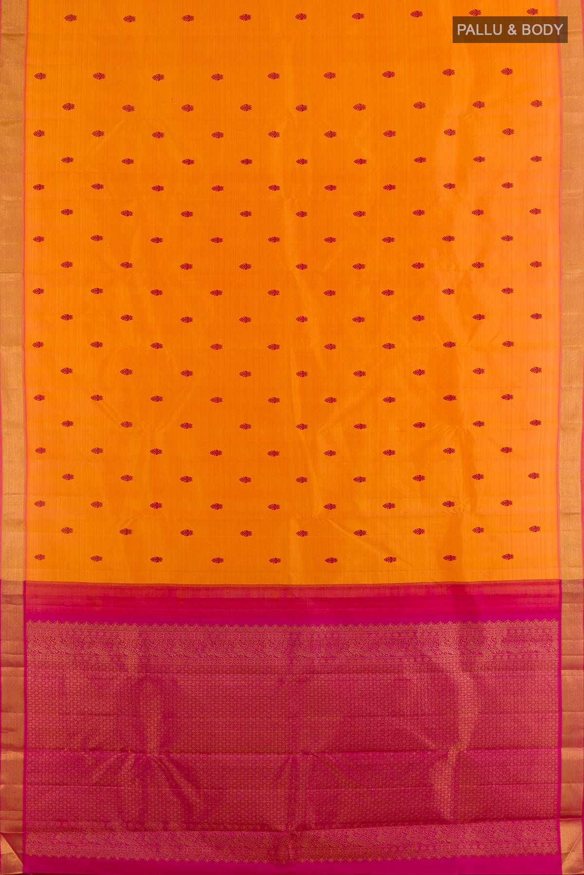 Flat view of Pure Silk Orange Kanchipuram Saree with Thread Butta on the body and Zari Border. 