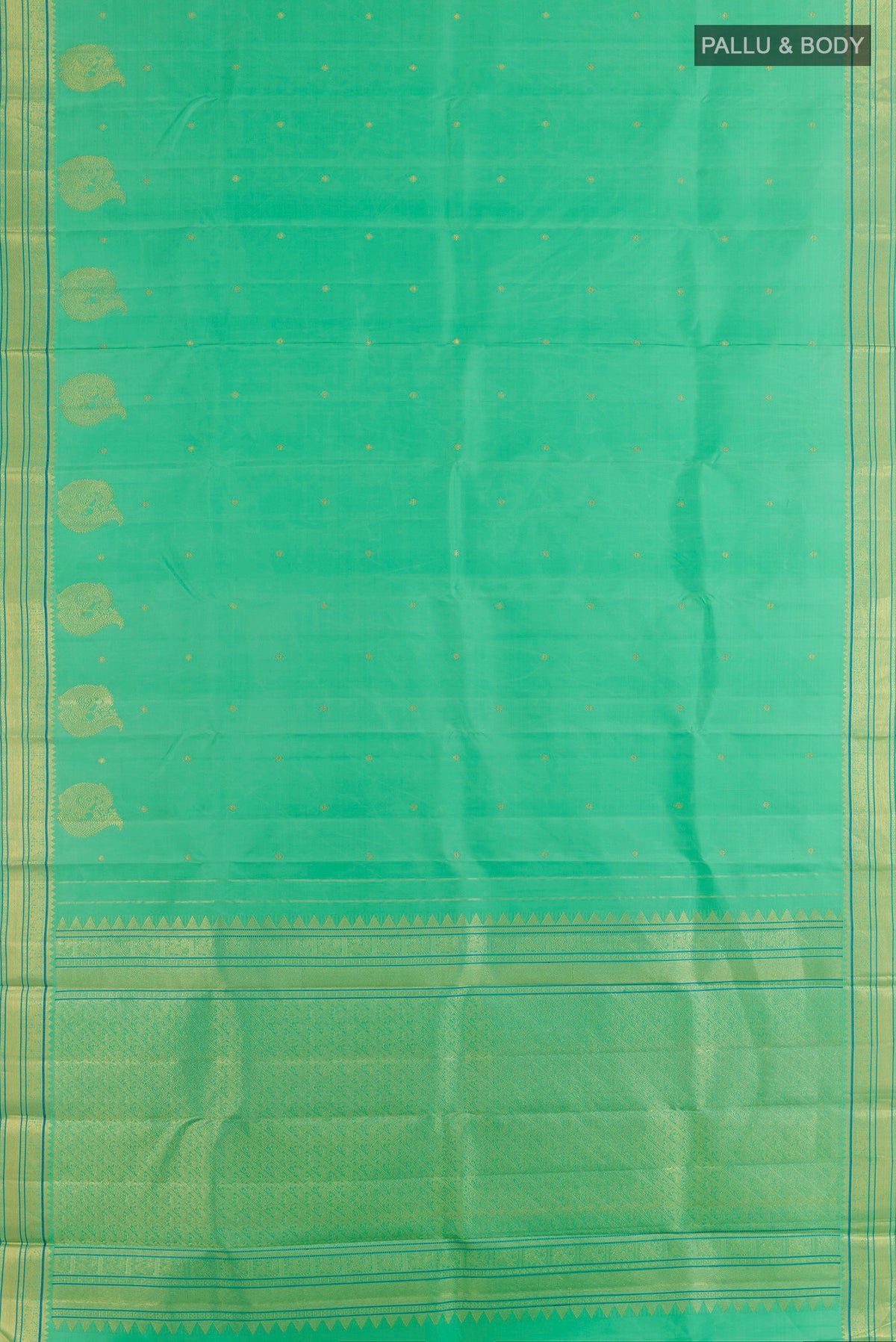 Flat view of Pure Silk Green Kanjivaram Saree with Zari Butta on the body and Zari Border. 