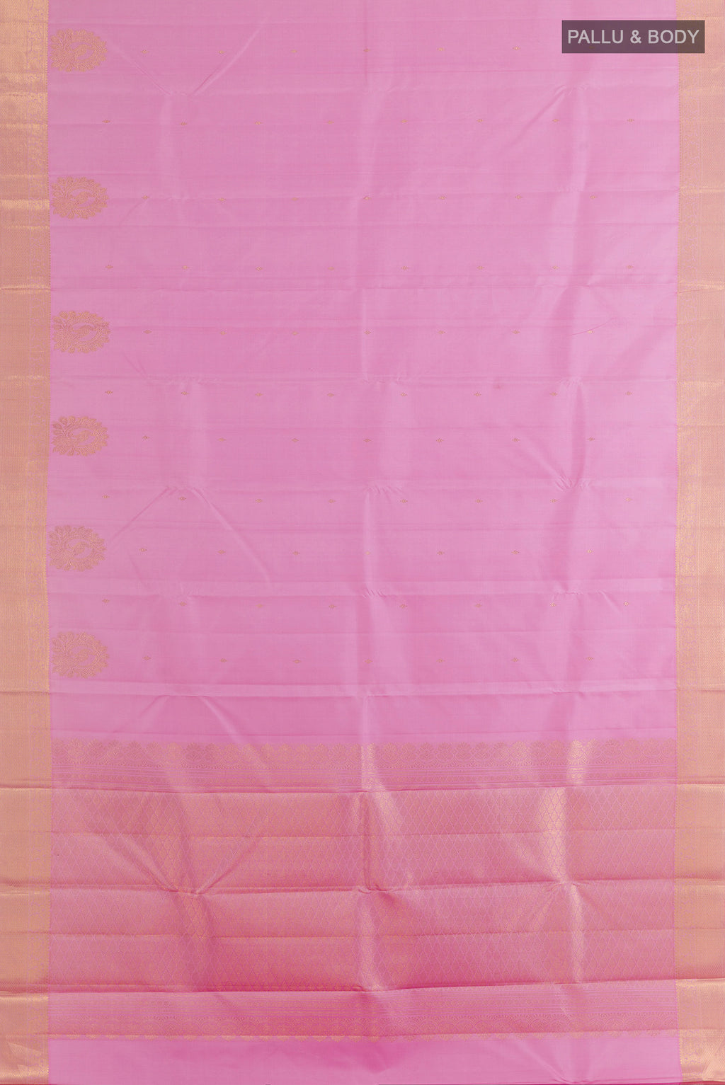Flat view of Pure Silk Pink Kanjivaram Saree with Zari Butta on the body and Zari Border. 