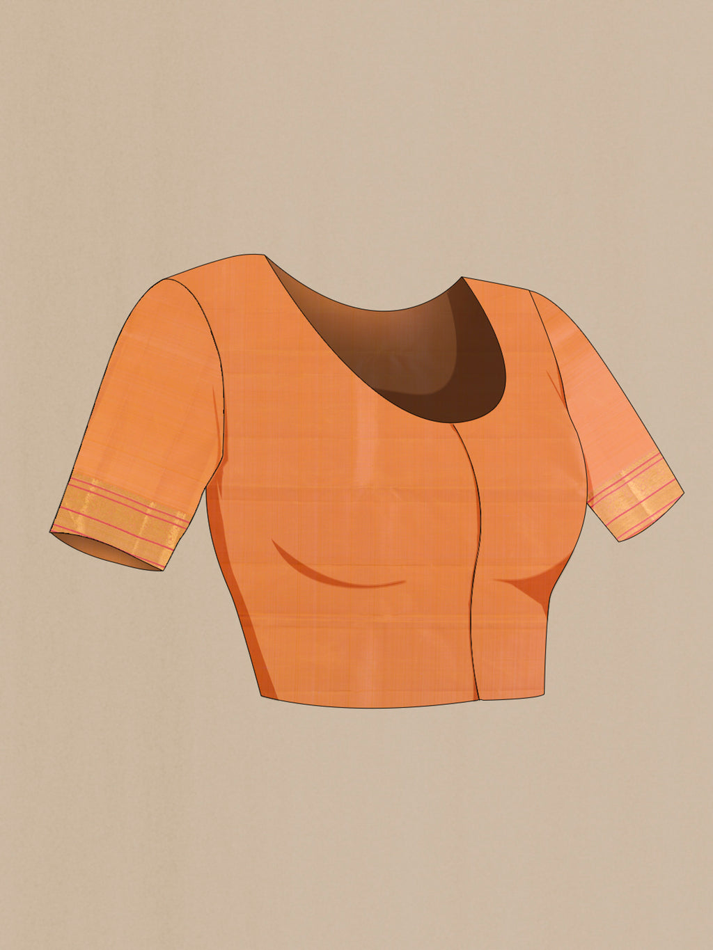 Close up image of the blouse of Pure Silk Orange Kanjivaram Saree with Zari Butta on the body and Zari Border. 