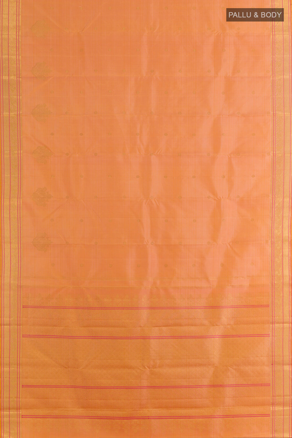 Flat view of Pure Silk Orange Kanjivaram Saree with Zari Butta on the body and Zari Border. 