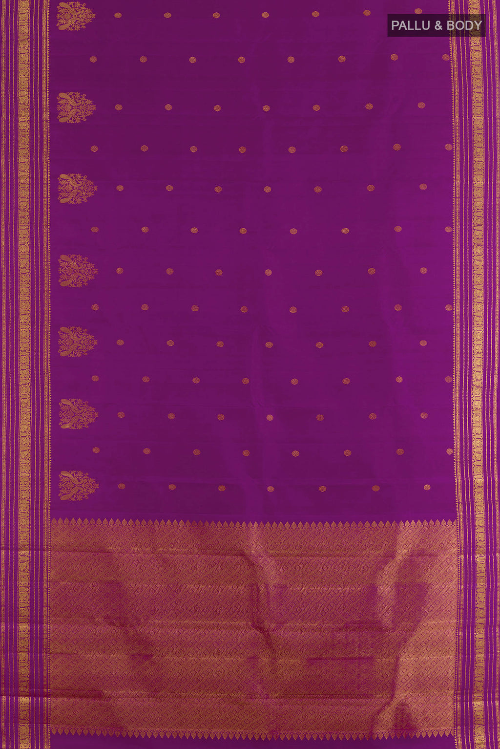 Flat view of Pure Silk Purple Kanjivaram Saree with Zari Butta on the body and Zari Border. 