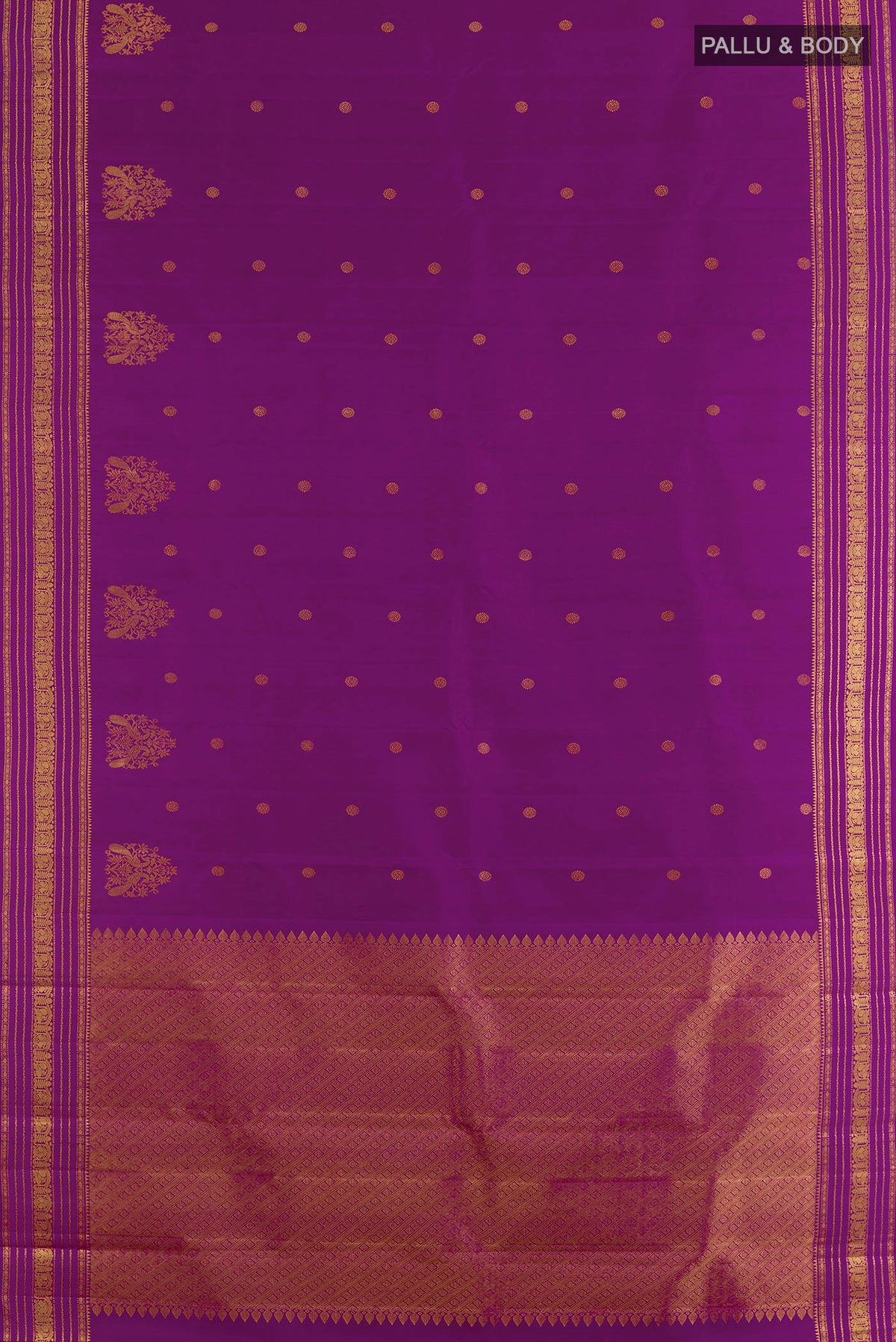 Flat view of Pure Silk Purple Kanjivaram Saree with Zari Butta on the body and Zari Border. 