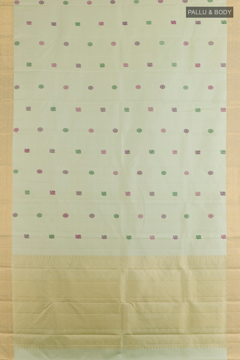 Flat view of Pure Silk Mint Green Kanchipuram Saree with Thread Butta on the body and Zari Border. 