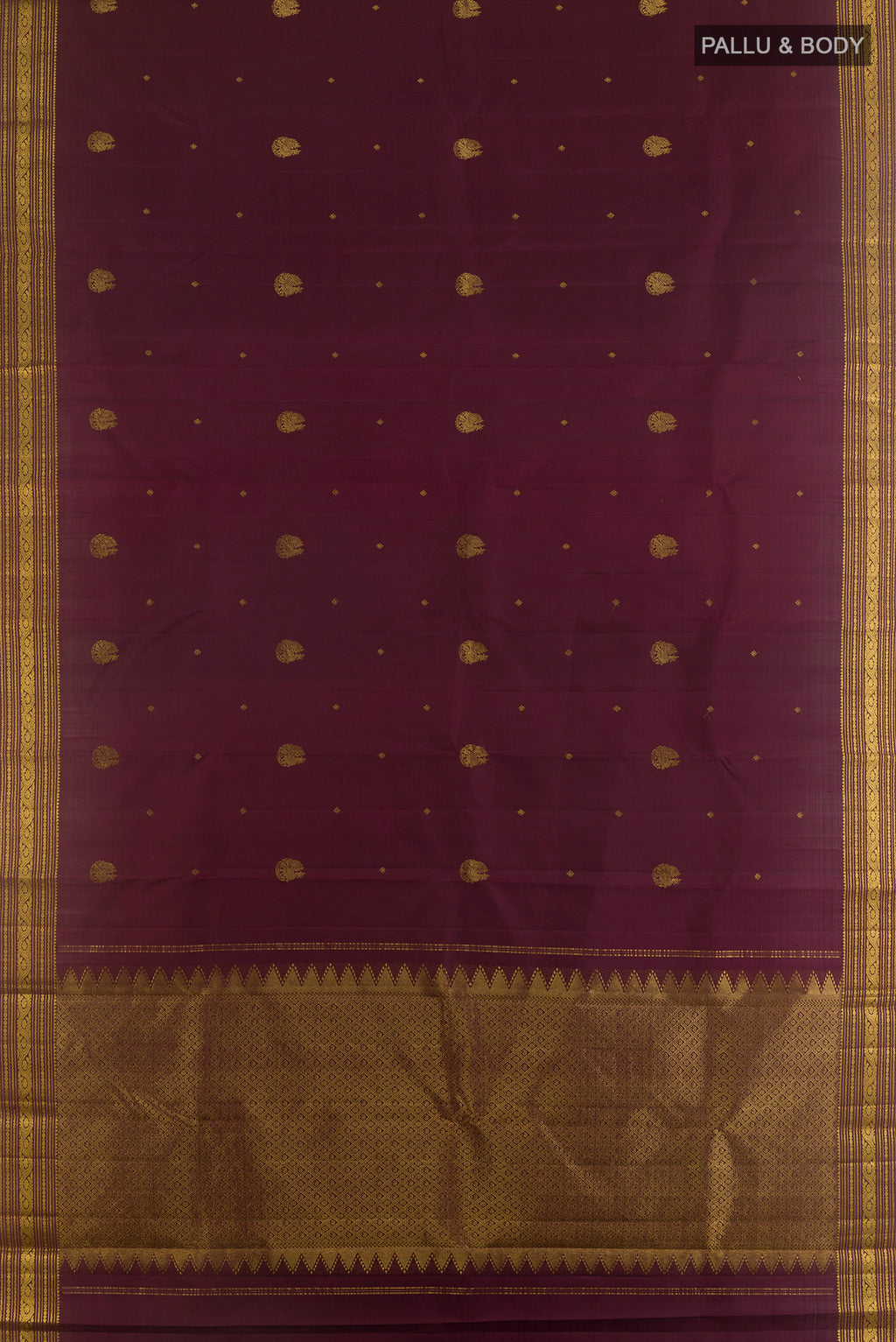 Flat view of Pure Silk Coffee Brown Kanchipuram Saree with Zari Butta on the body and Zari Border. 