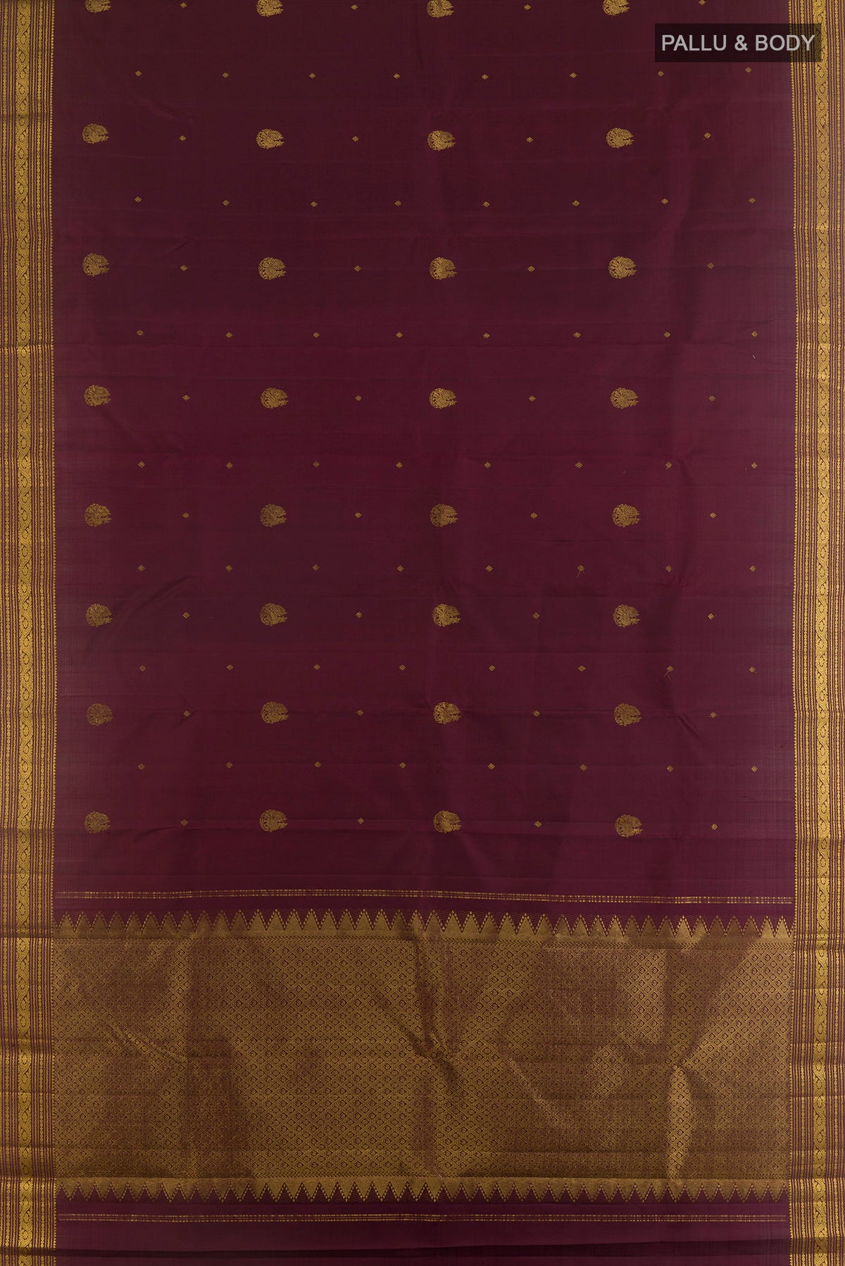 Flat view of Pure Silk Coffee Brown Kanchipuram Saree with Zari Butta on the body and Zari Border. 