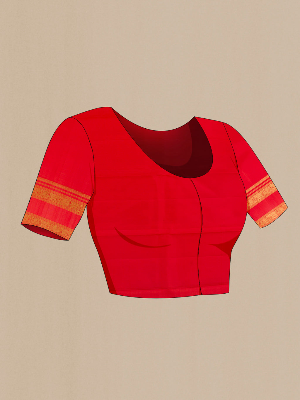 Close up image of the blouse of Pure Silk Red Kanchipuram Saree with Zari Butta on the body and Zari Border. 