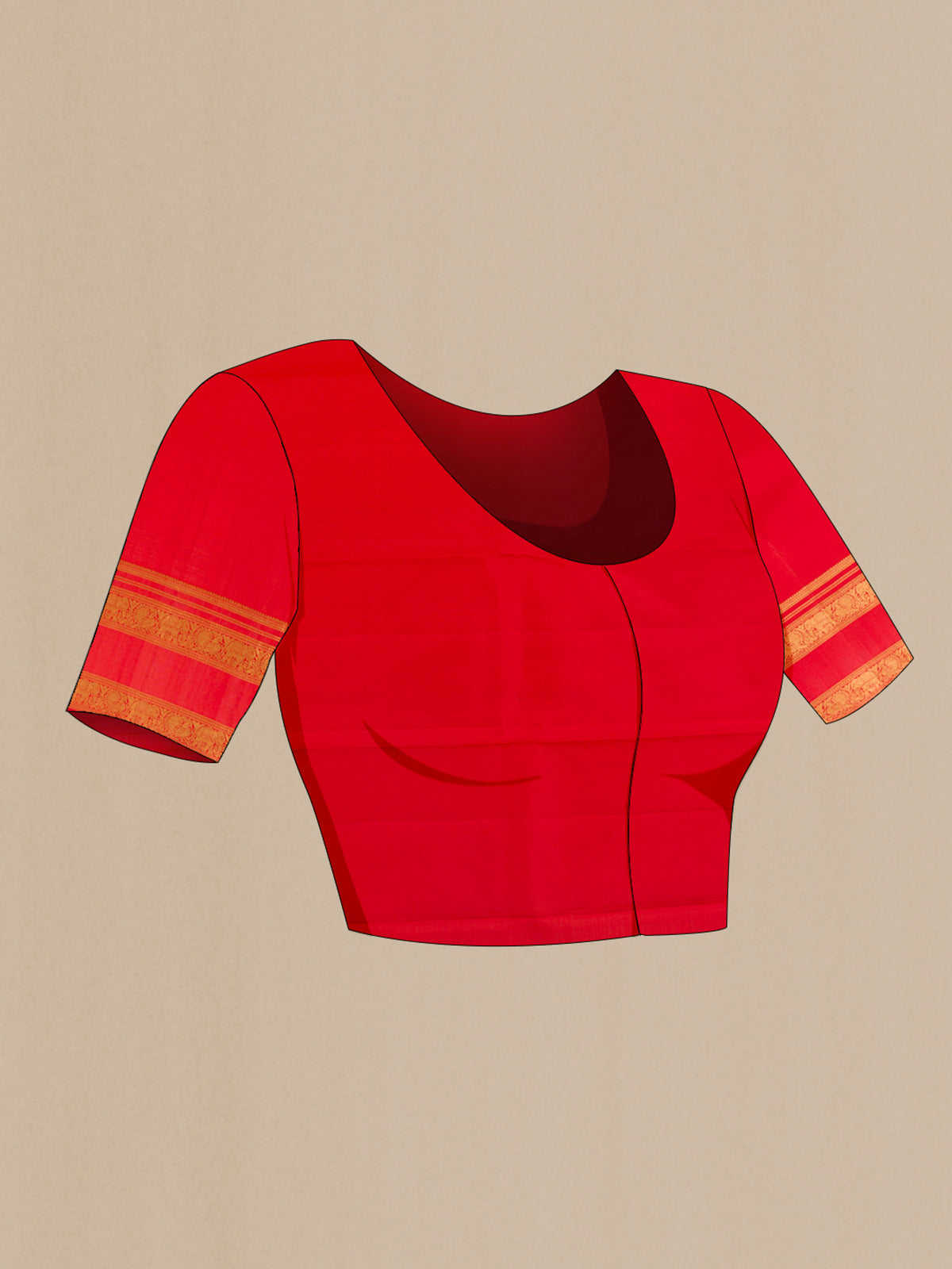 Close up image of the blouse of Pure Silk Red Kanchipuram Saree with Zari Butta on the body and Zari Border. 