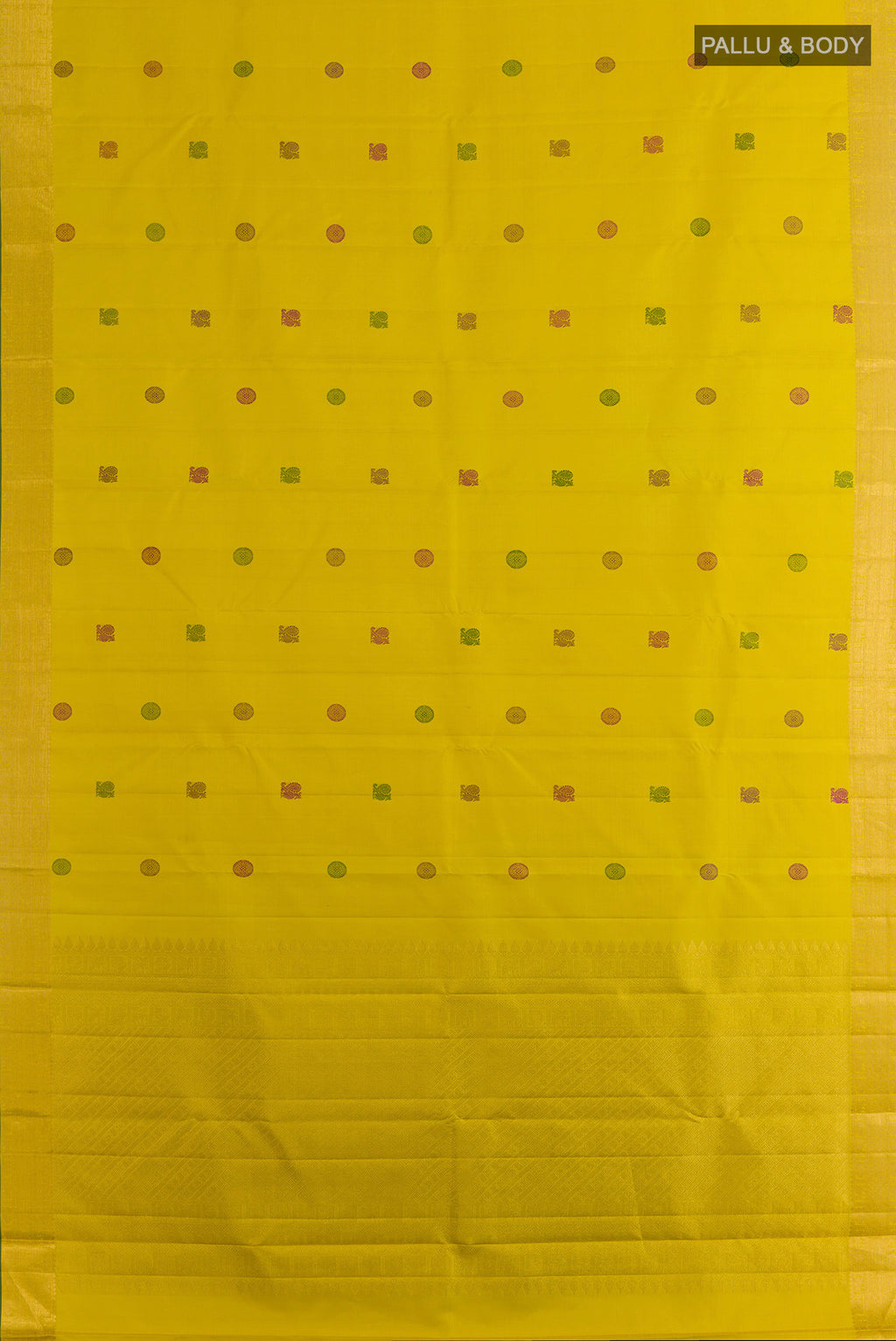 Flat view of Pure Silk Yellow Kanchipuram Saree with Thread Butta on the body and Zari Border. 