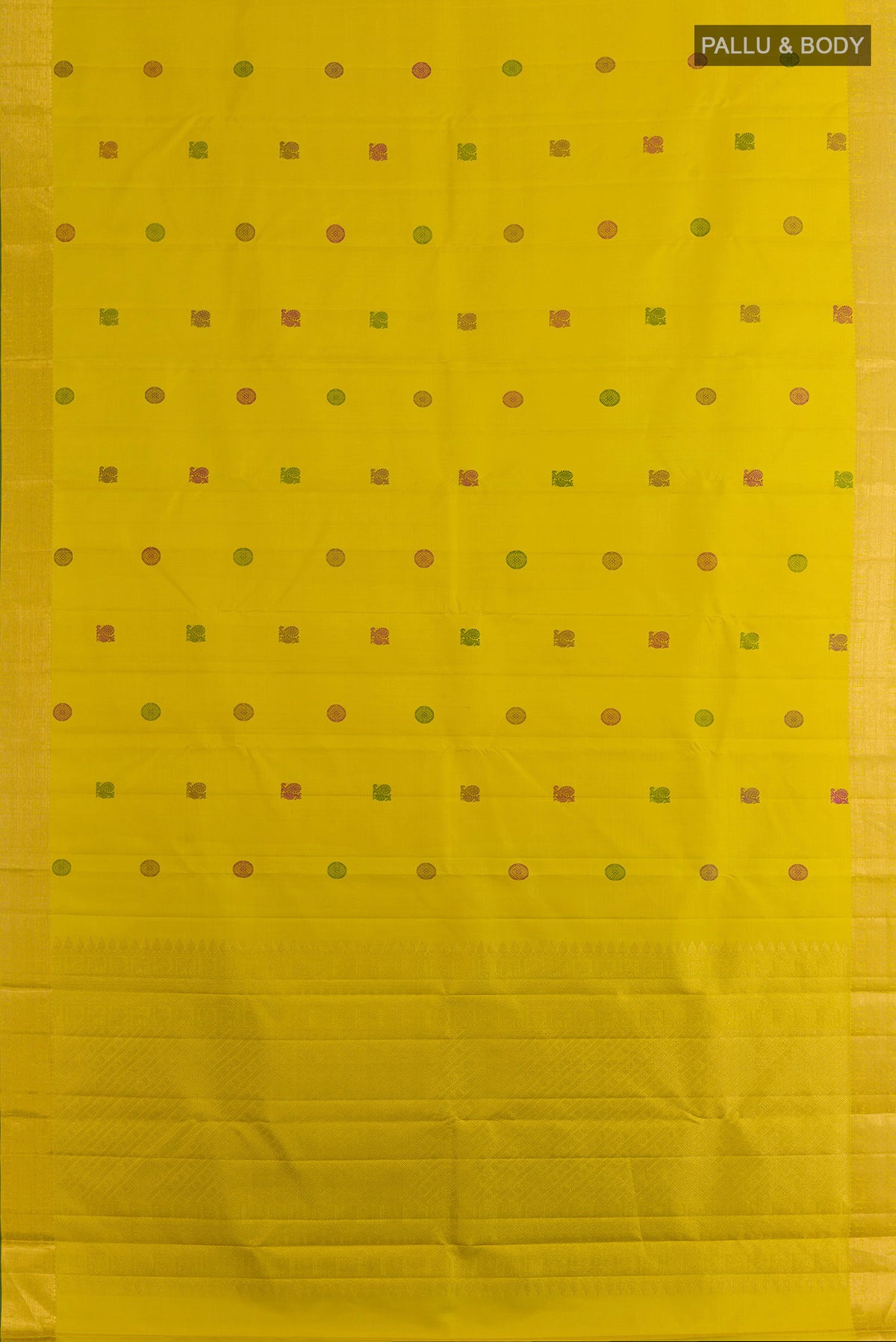 Flat view of Pure Silk Yellow Kanchipuram Saree with Thread Butta on the body and Zari Border. 