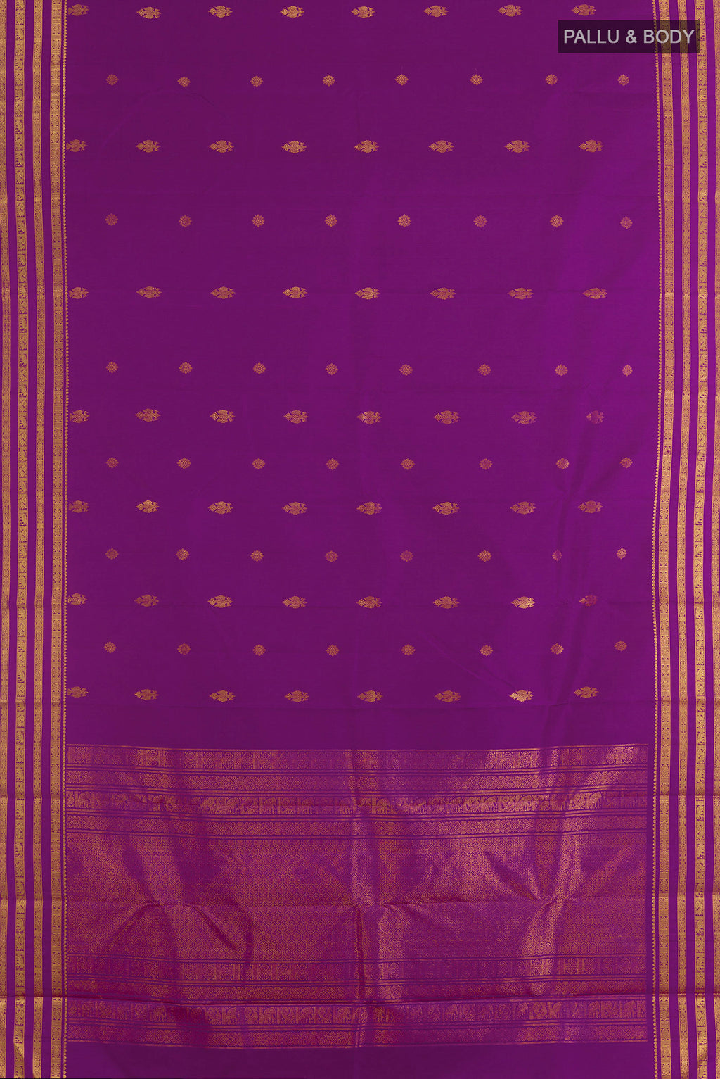 Flat view of Pure Silk Purple Kanchipuram Saree with Zari Butta on the body and Zari Border. 