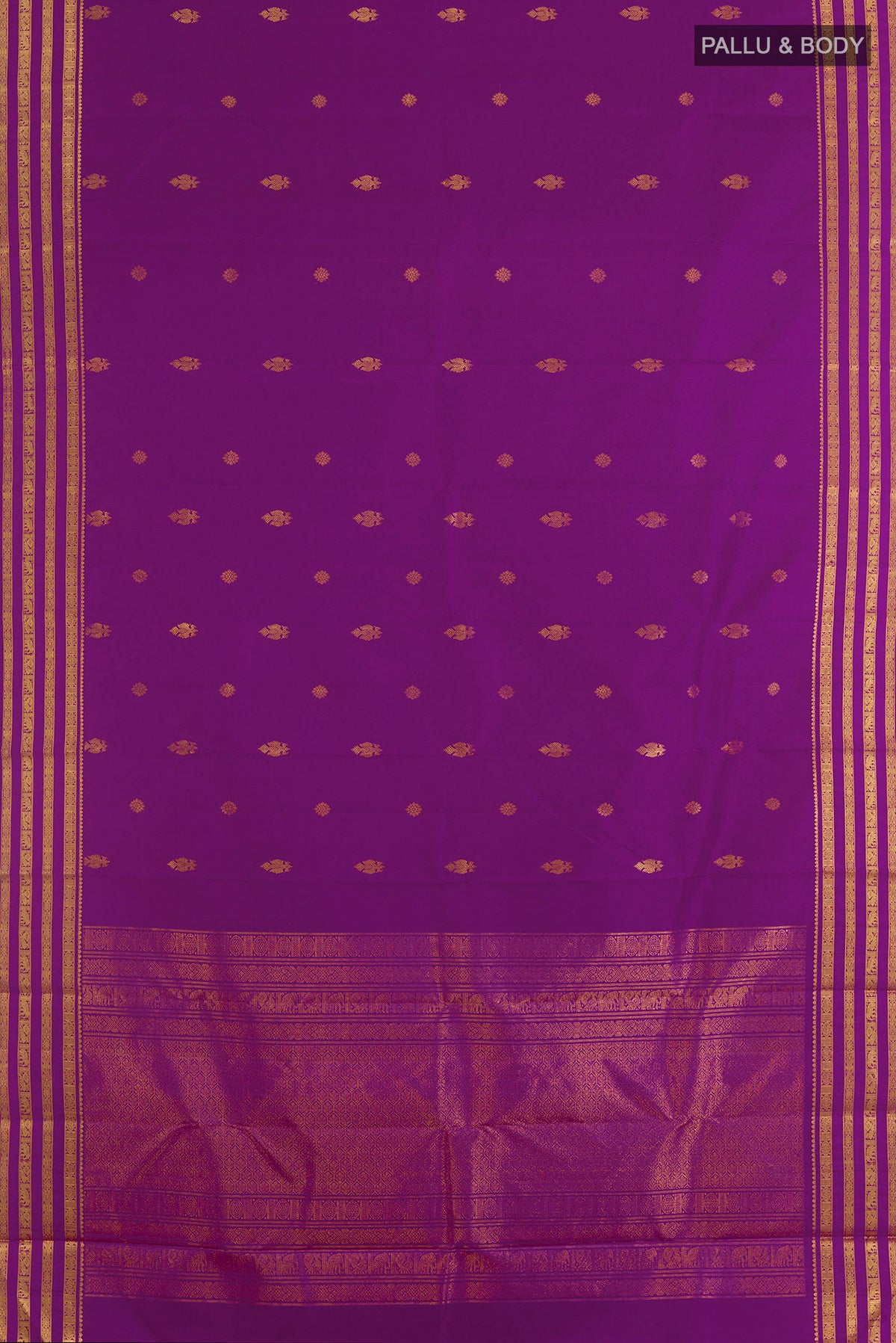 Flat view of Pure Silk Purple Kanchipuram Saree with Zari Butta on the body and Zari Border. 