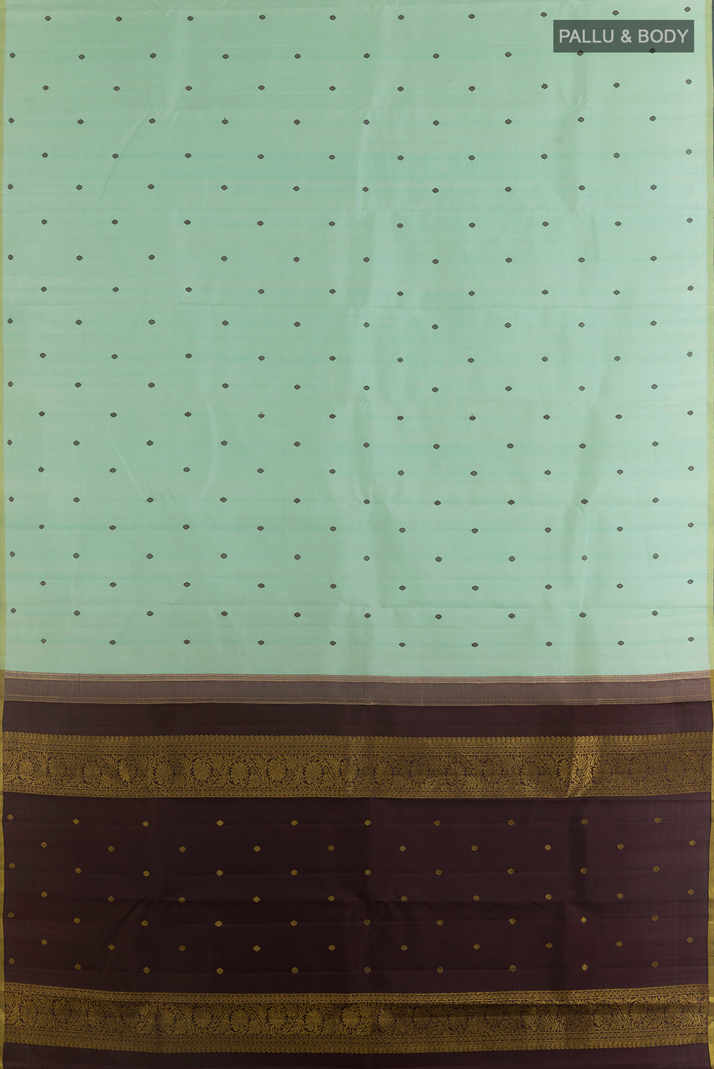 Flat view of Pure Silk Mint Green Kanchipuram Saree with Thread Butta on the body and Zari Border. 