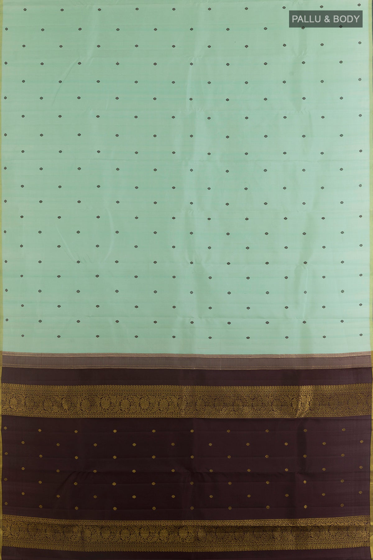 Flat view of Pure Silk Mint Green Kanchipuram Saree with Thread Butta on the body and Zari Border. 