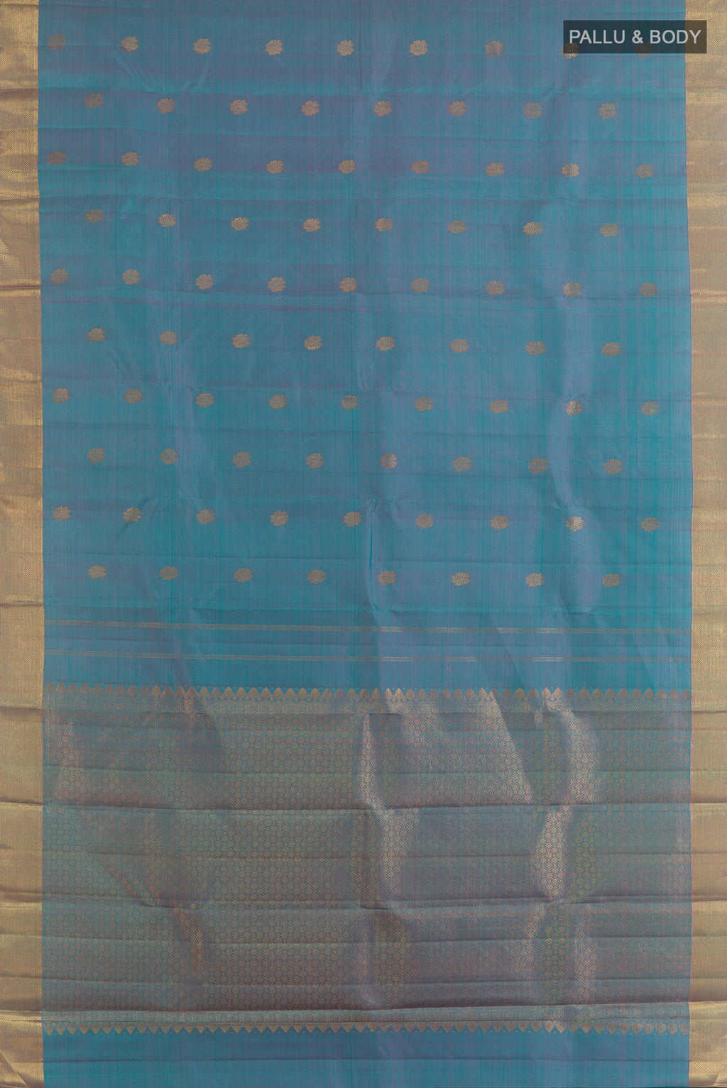 Flat view of Pure Silk Teal Dual Tone Kanjivaram Saree with Zari Butta on the body and Zari Border. 