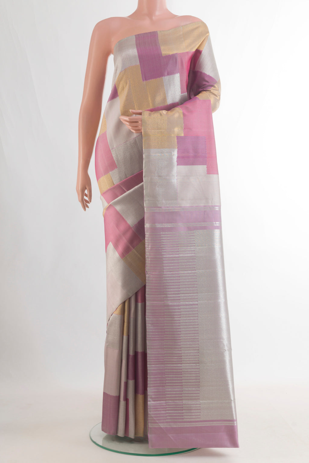 Pure Silk Multi Color Kanjivaram Saree with Fancy on the body and Without Border.  displayed on a mannequin