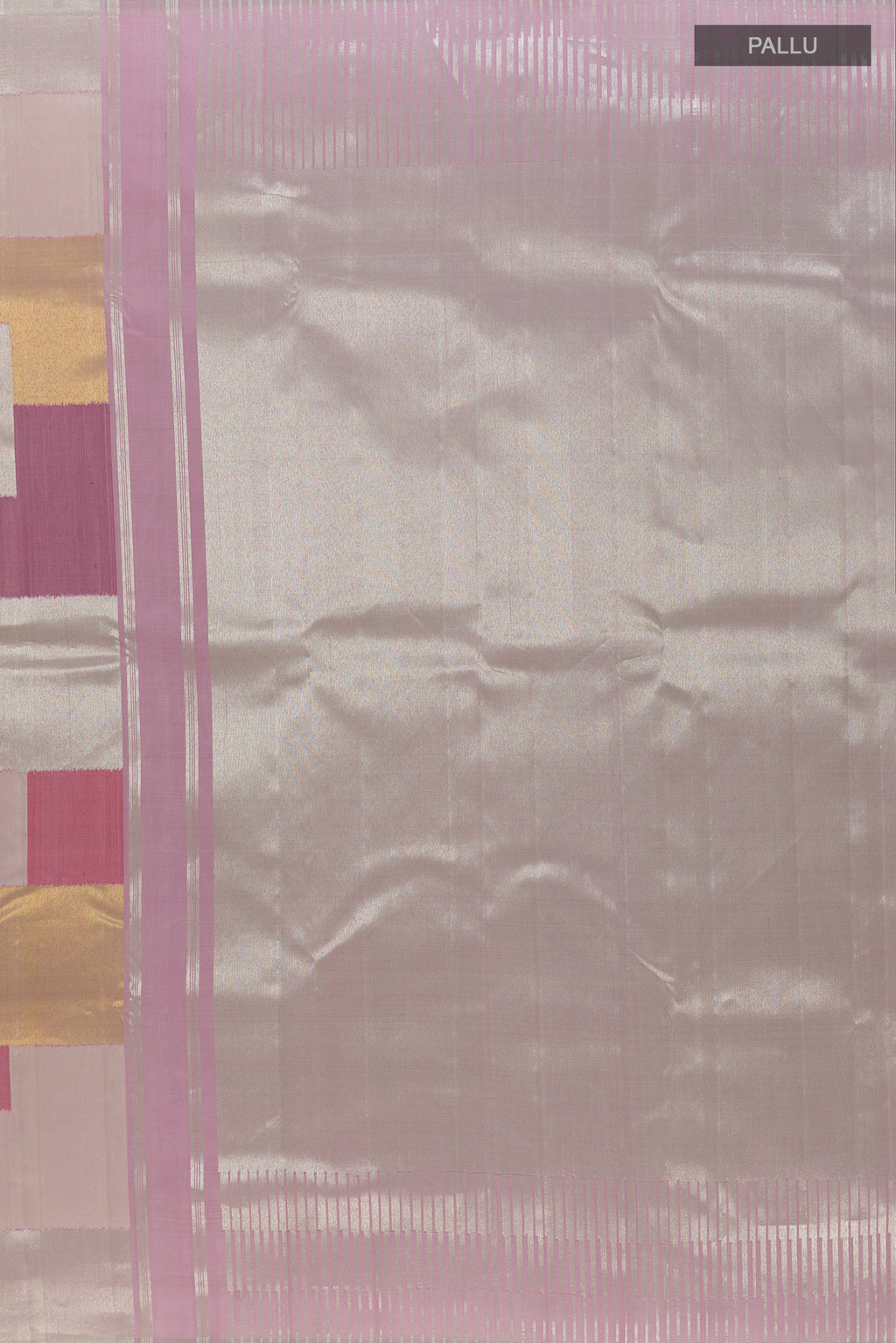 Close up image of the pallu of Pure Silk Multi Color Kanjivaram Saree with Fancy on the body and Without Border. 