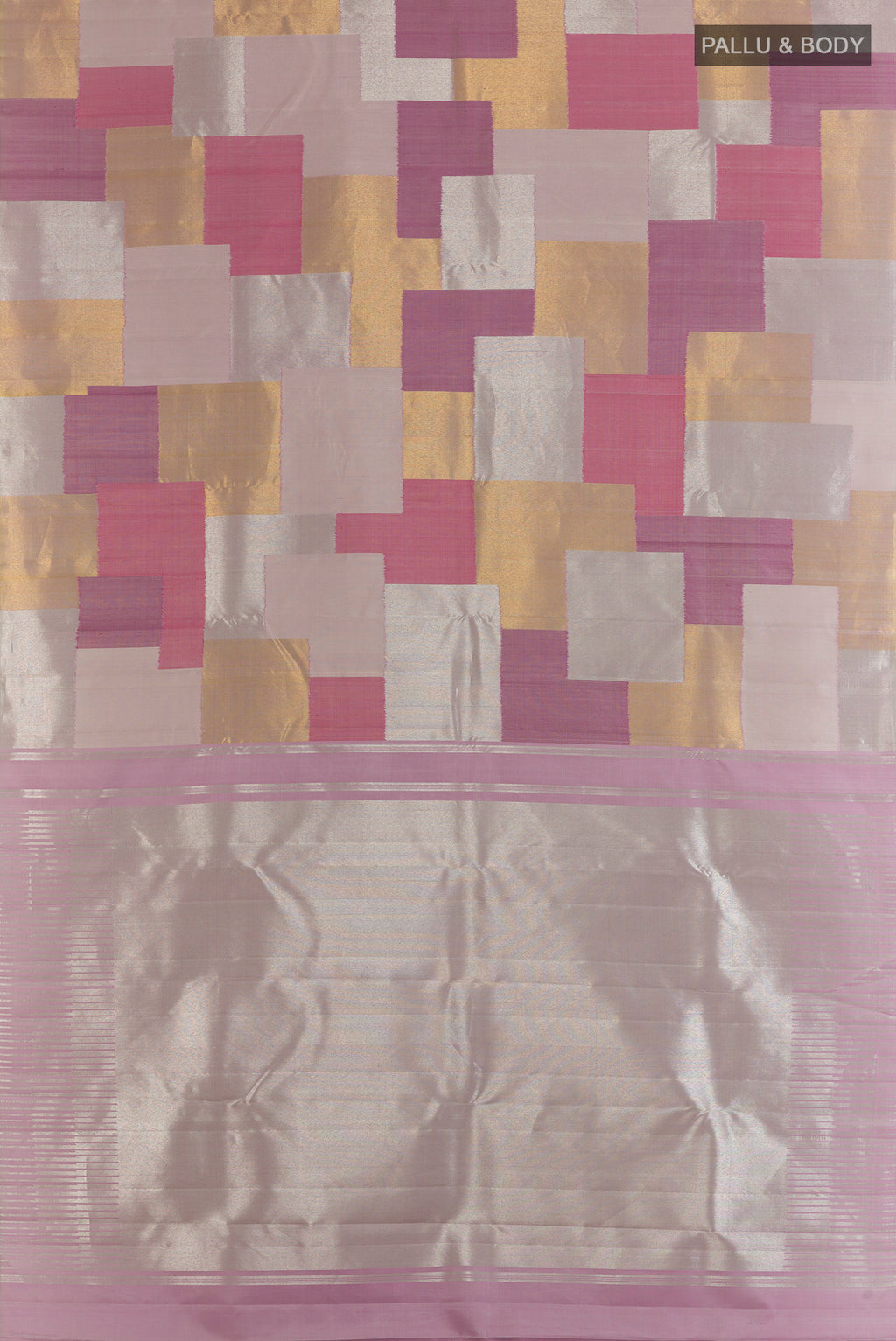 Flat view of Pure Silk Multi Color Kanjivaram Saree with Fancy on the body and Without Border. 