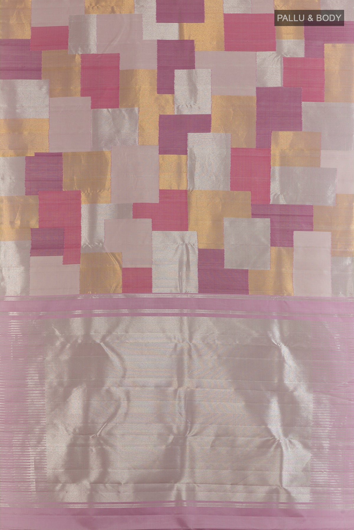 Flat view of Pure Silk Multi Color Kanjivaram Saree with Fancy on the body and Without Border. 