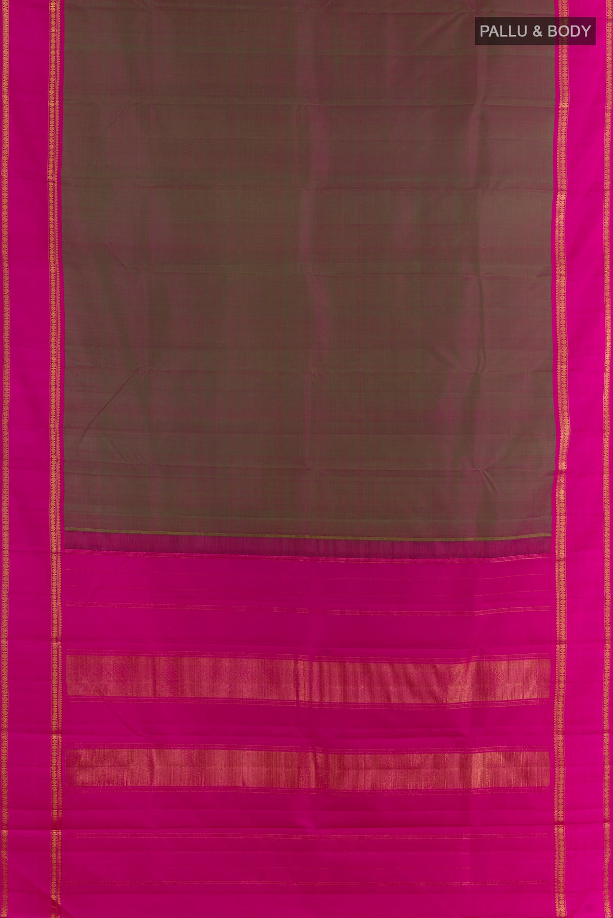 Flat view of Pure Silk Green with Pink Color Kanchipuram Saree with Plain Body and Plain Border. 