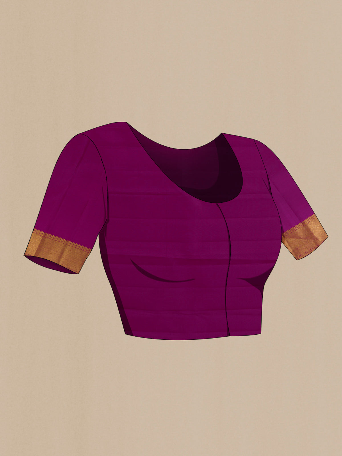 Close up image of the blouse of Pure Silk Magenta Kanjivaram Saree with Zari Butta on the body and Zari Border. 