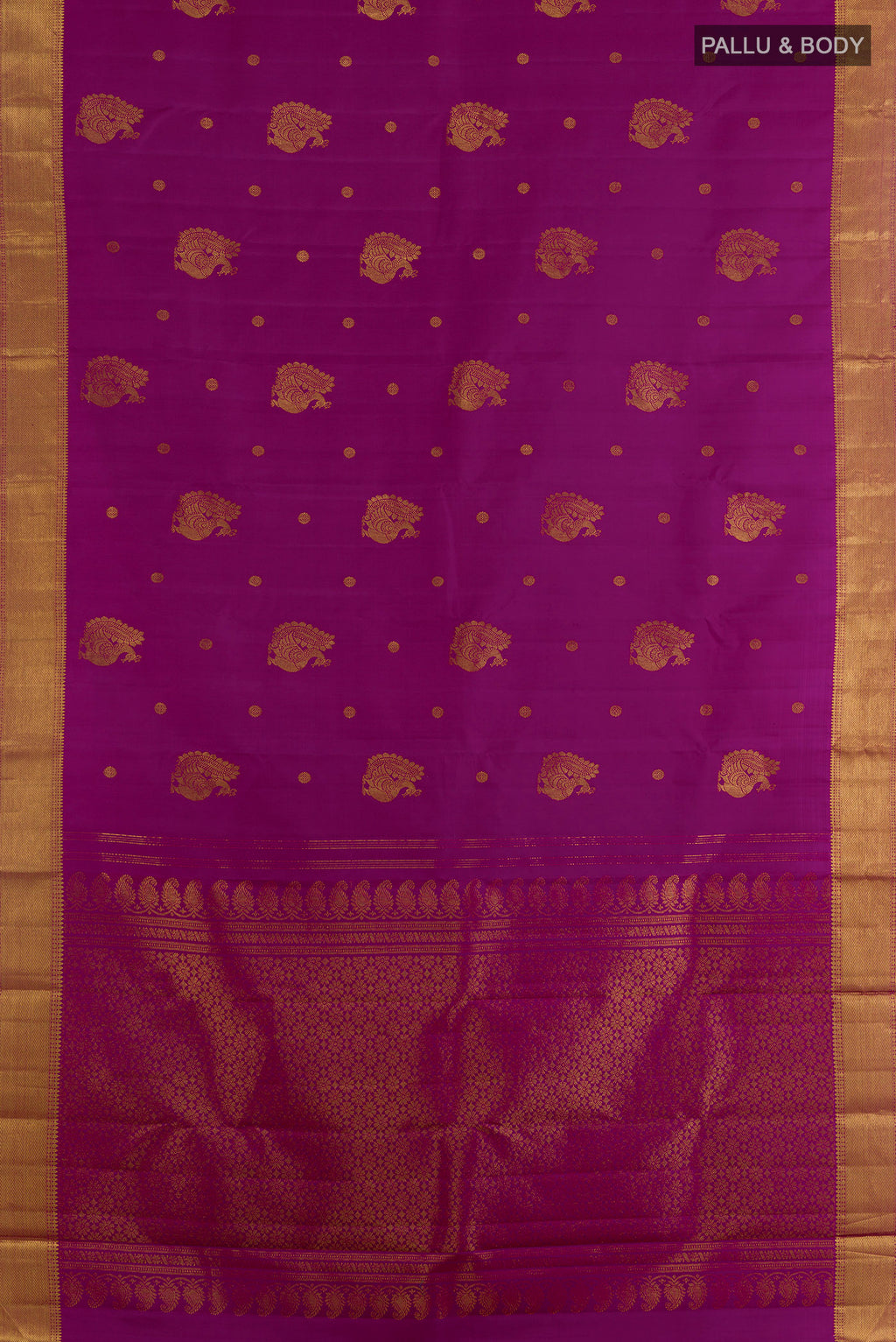 Flat view of Pure Silk Magenta Kanjivaram Saree with Zari Butta on the body and Zari Border. 