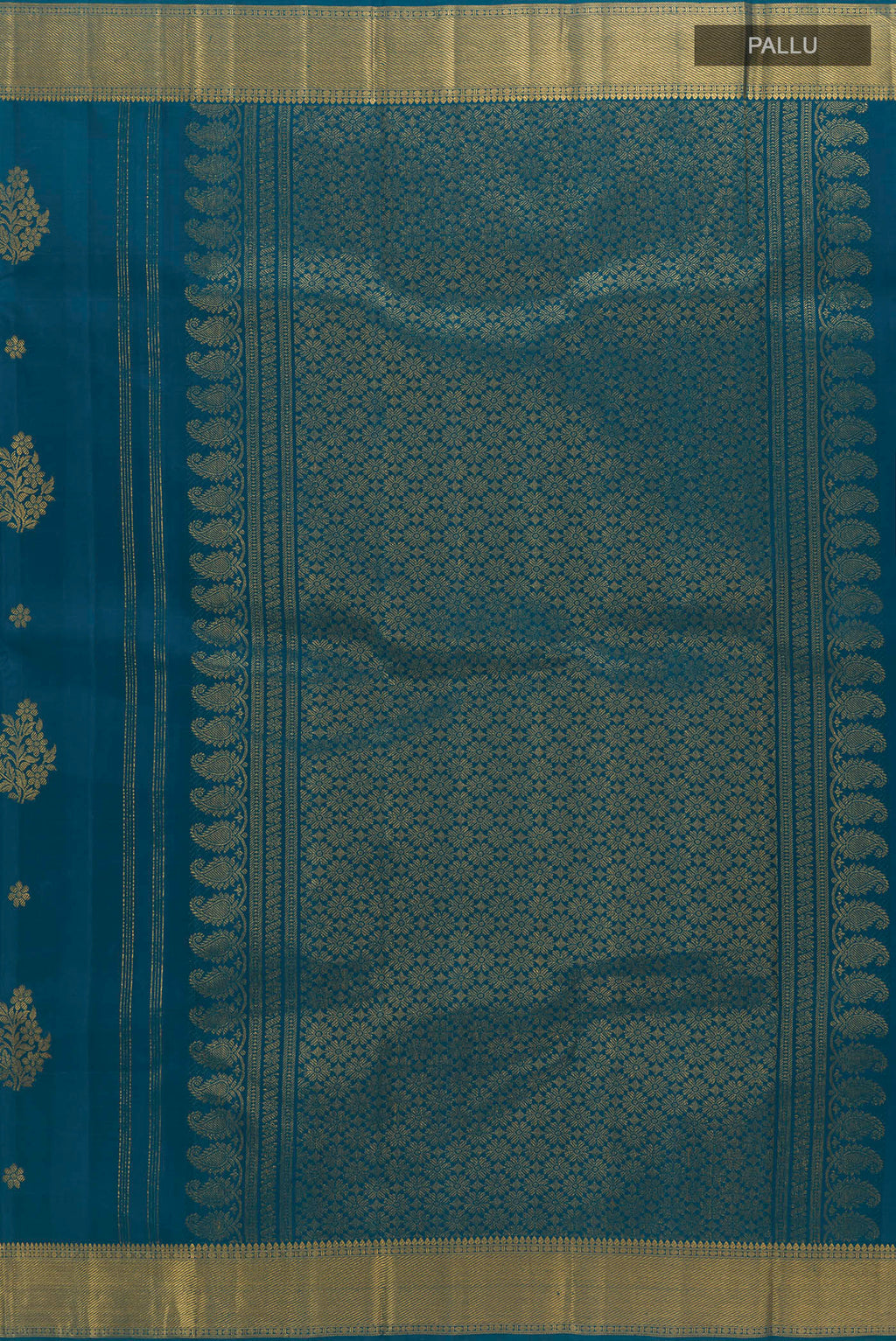 Close up image of the pallu of Pure Silk Blue Kanjivaram Saree with Zari Butta on the body and Zari Border. 