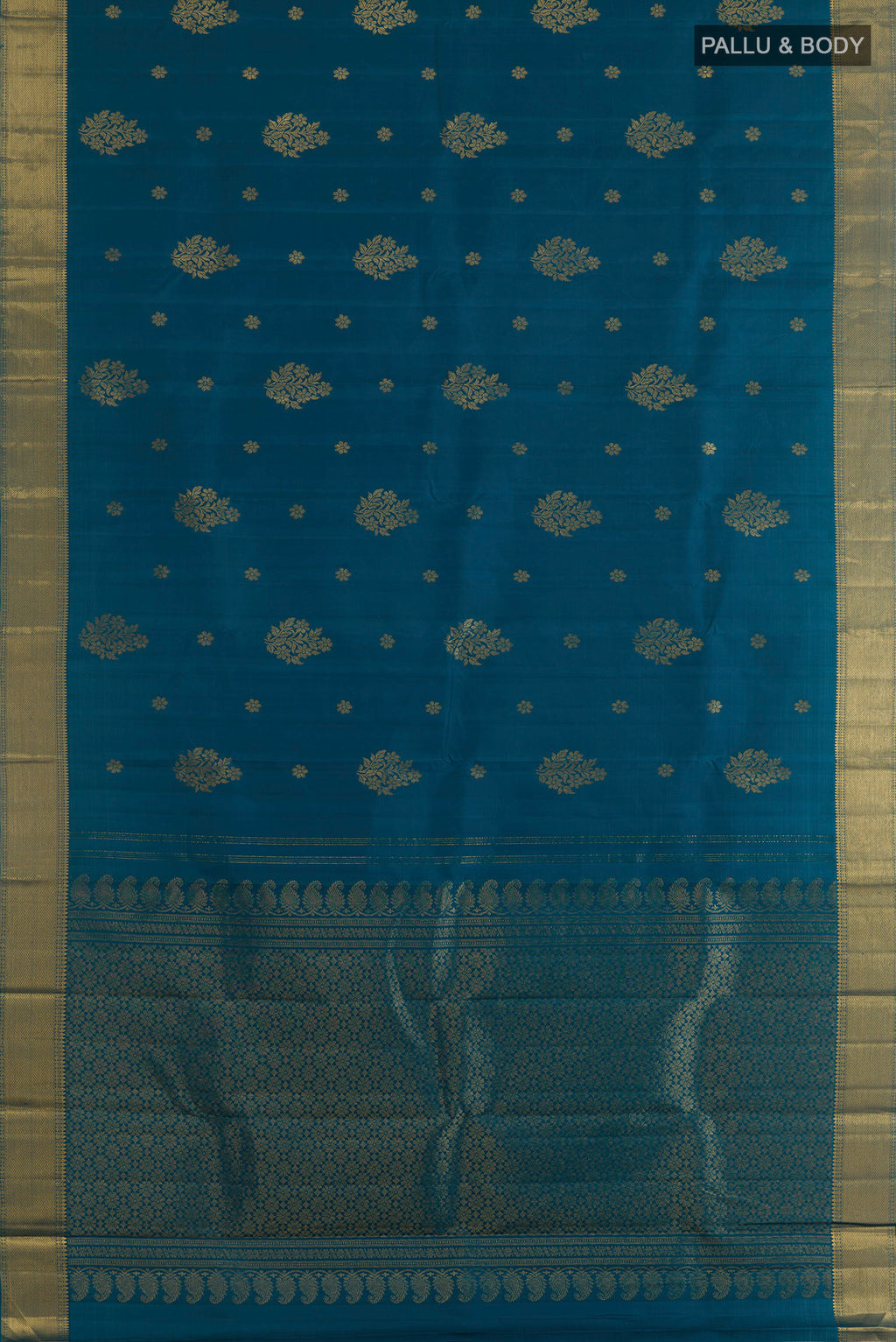 Flat view of Pure Silk Blue Kanjivaram Saree with Zari Butta on the body and Zari Border. 