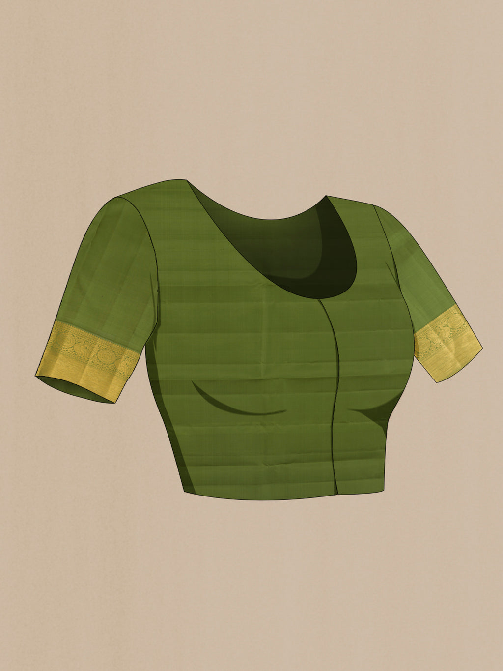 Close up image of the blouse of Pure Silk Mehandi Green Kanjivaram Saree with Zari Butta on the body and Zari Border. 