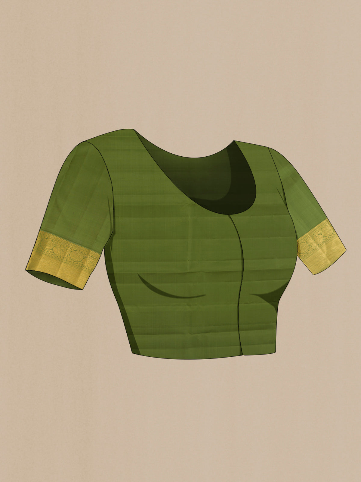 Close up image of the blouse of Pure Silk Mehandi Green Kanjivaram Saree with Zari Butta on the body and Zari Border. 