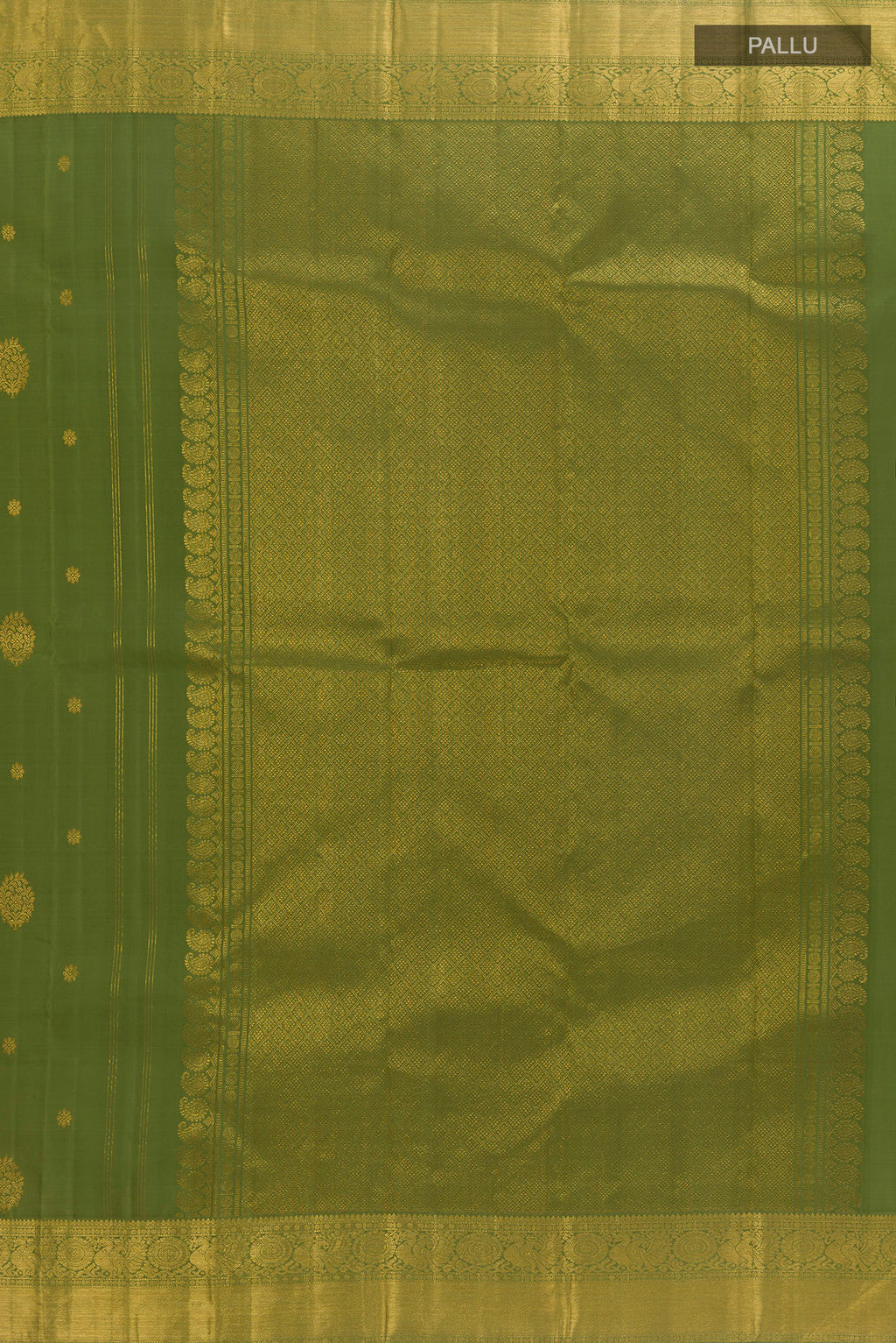 Close up image of the pallu of Pure Silk Mehandi Green Kanjivaram Saree with Zari Butta on the body and Zari Border. 
