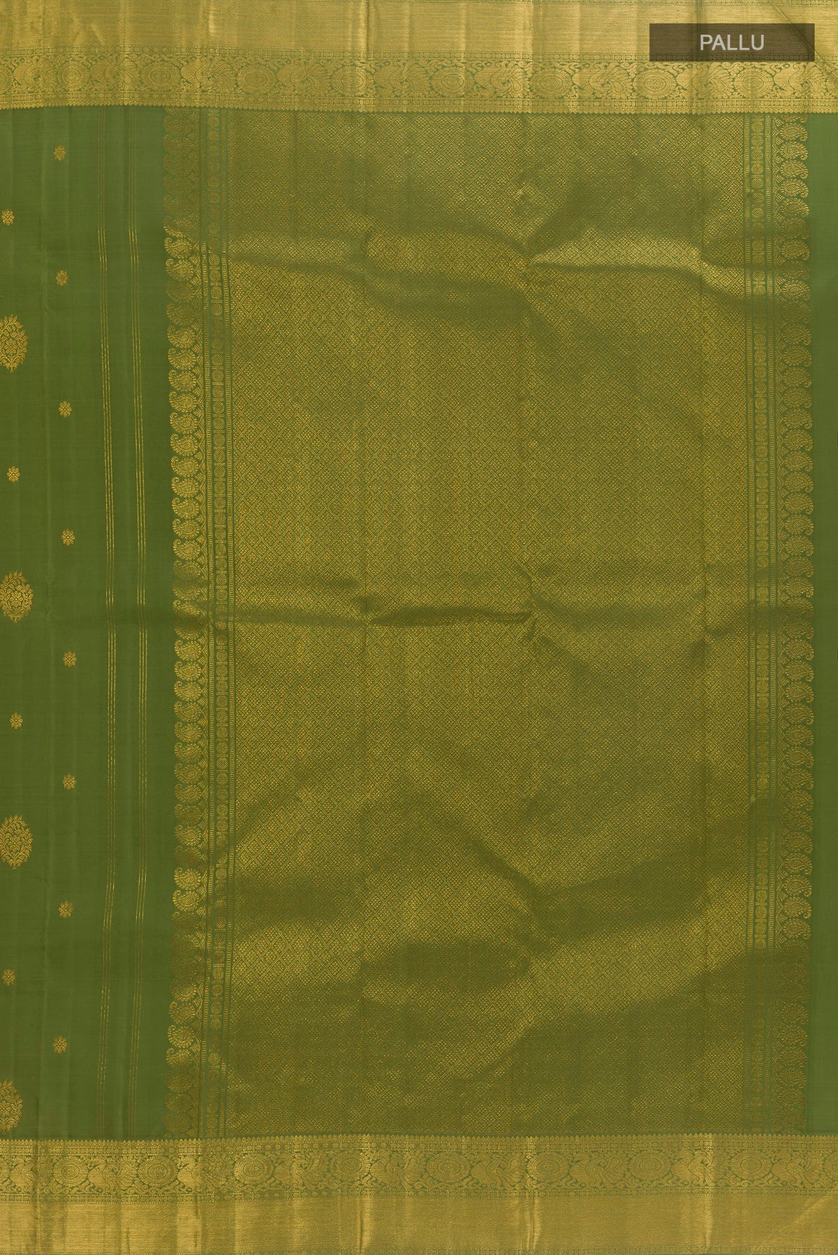 Close up image of the pallu of Pure Silk Mehandi Green Kanjivaram Saree with Zari Butta on the body and Zari Border. 
